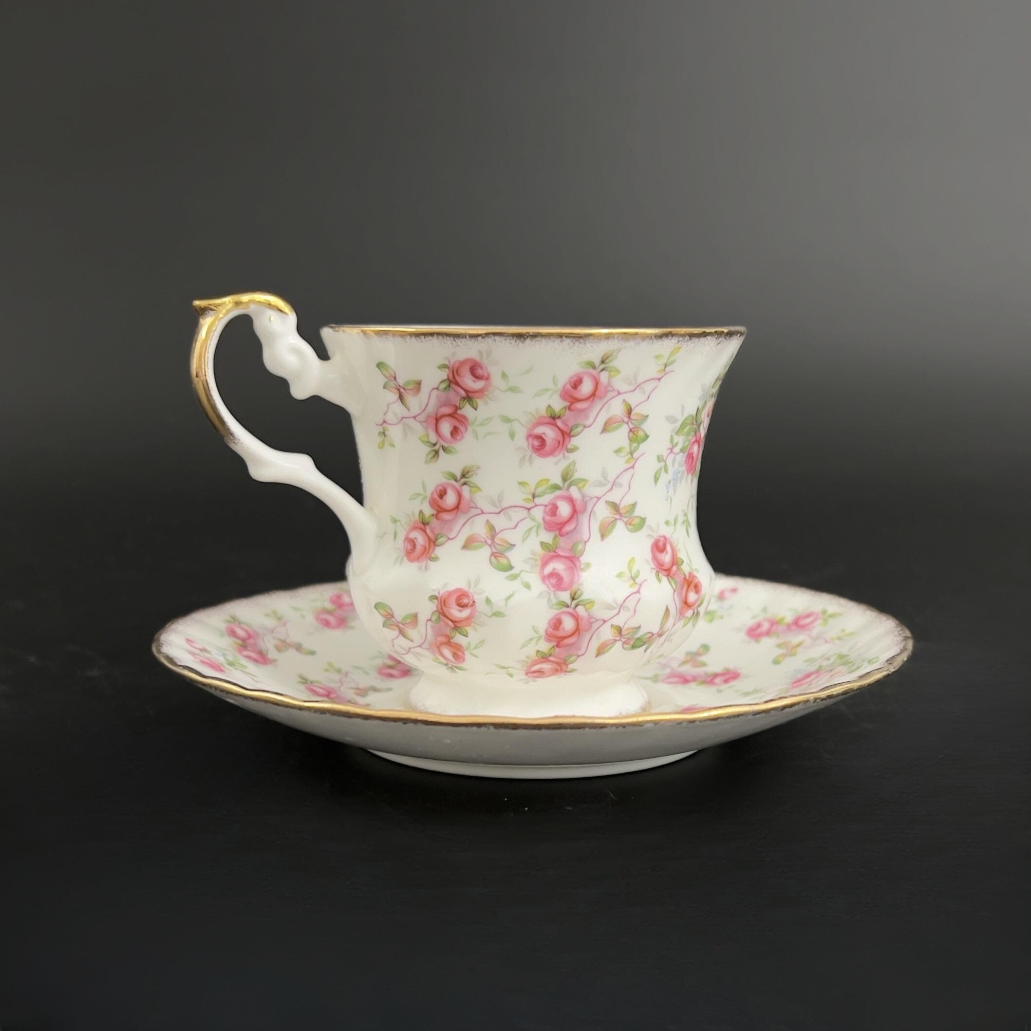 Vintage Royal Dover Tea Cup and Saucer: Pink Roses Chintz, Gold Trim - Image 4