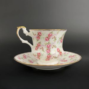 Vintage Royal Dover Tea Cup and Saucer: Pink Roses Chintz, Gold Trim