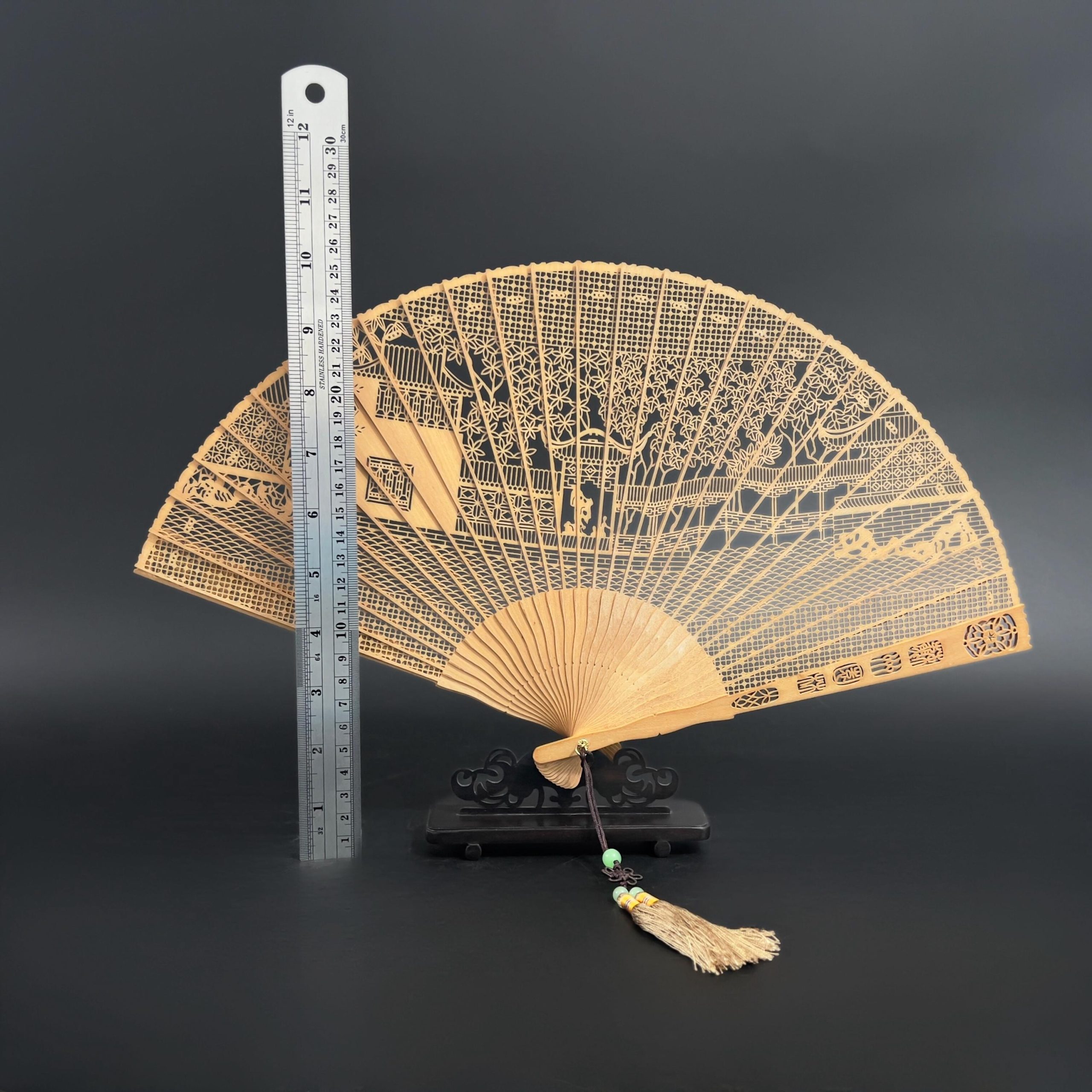 Vintage Suzhou Red Sandalwood Folding Fan: Hand-Carved Chinese Garden Scene with Gift Box - Image 11