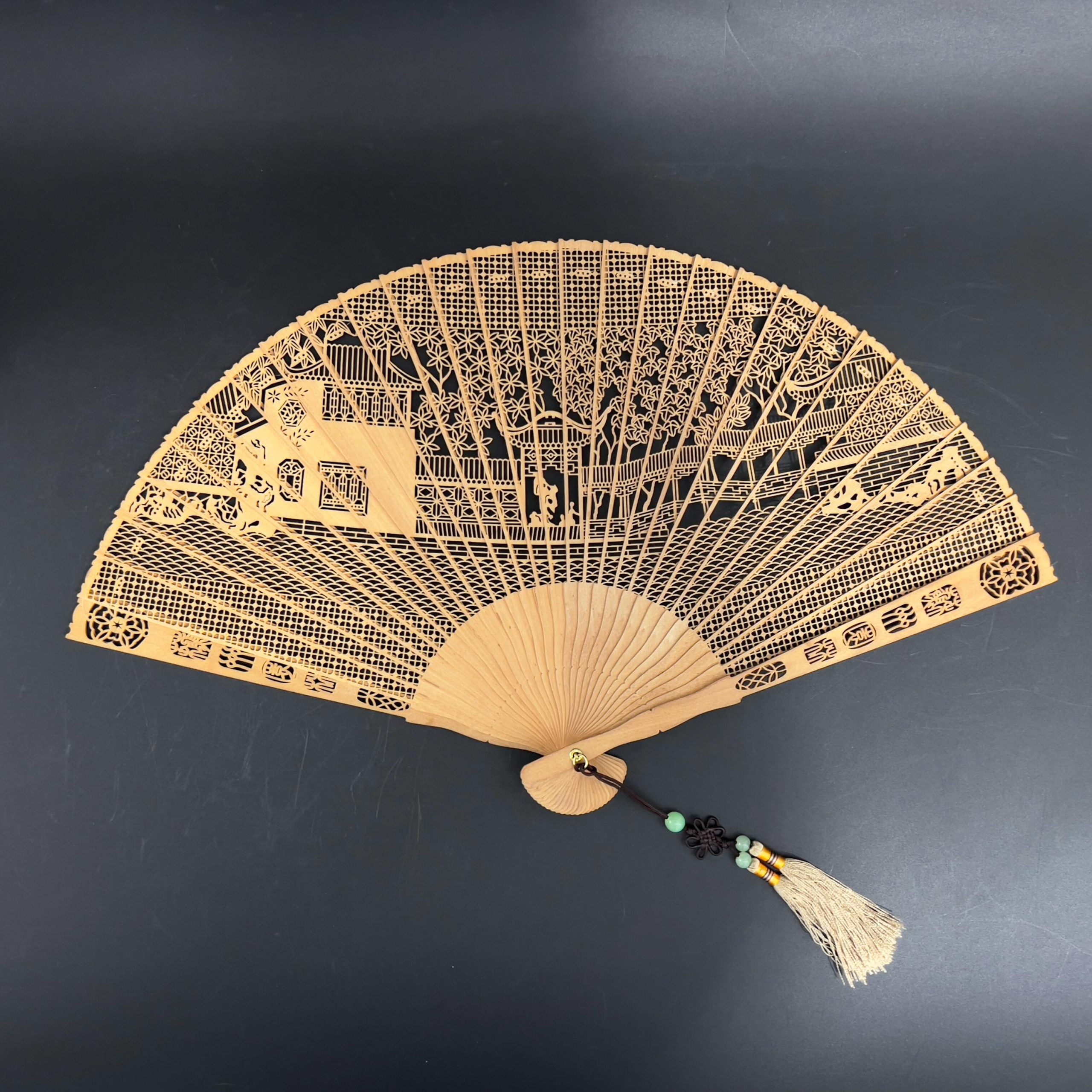 Vintage Suzhou Red Sandalwood Folding Fan: Hand-Carved Chinese Garden Scene with Gift Box - Image 8