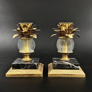 Vintage Brass Pineapple Candle Holders: Hollywood Regency Marble Base Pair