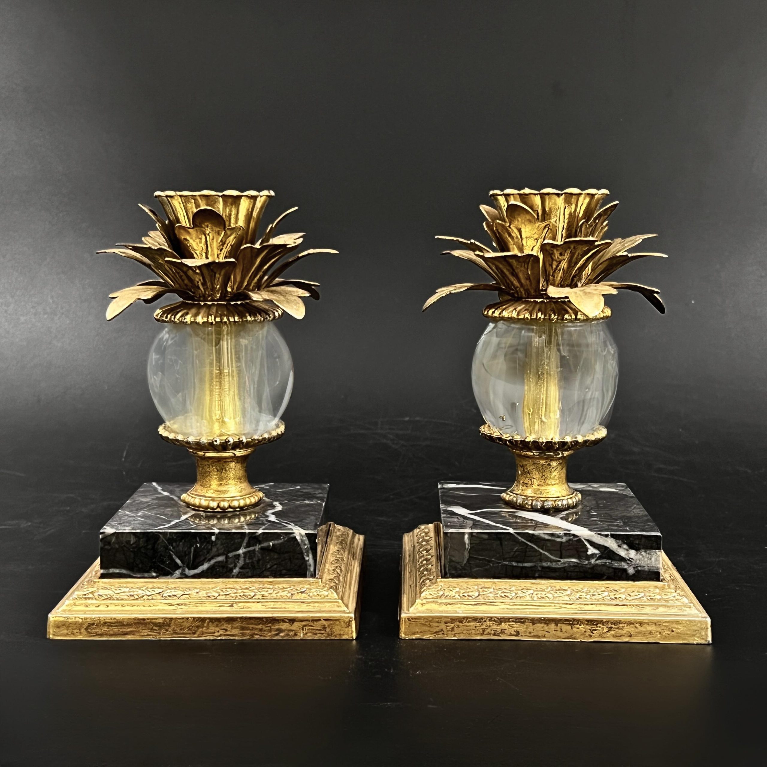 Vintage Brass Pineapple Candle Holders: Hollywood Regency Marble Base Pair