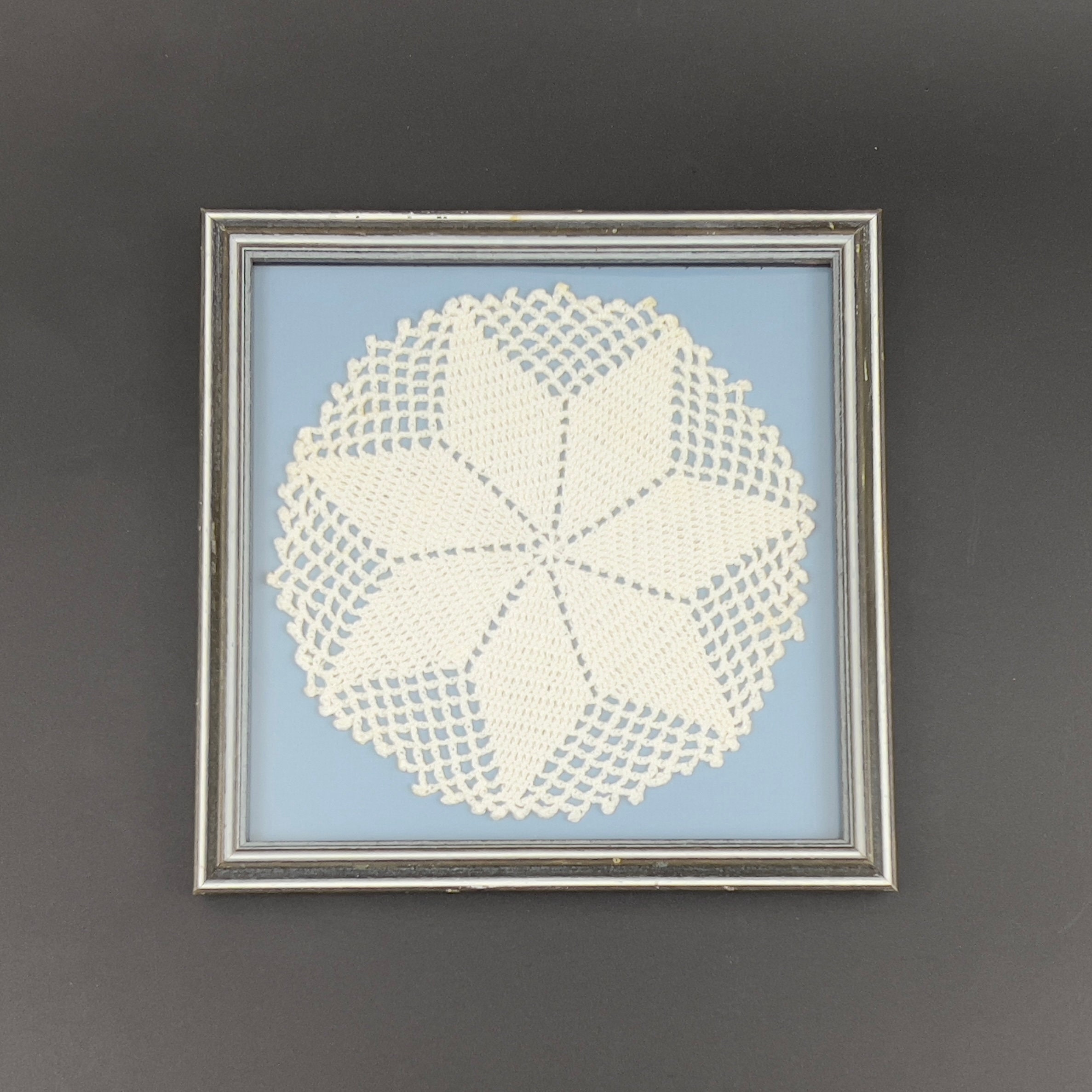 Framed Vintage Crochet Doily: Blue & White Wall Decor (8x8) - Image 5