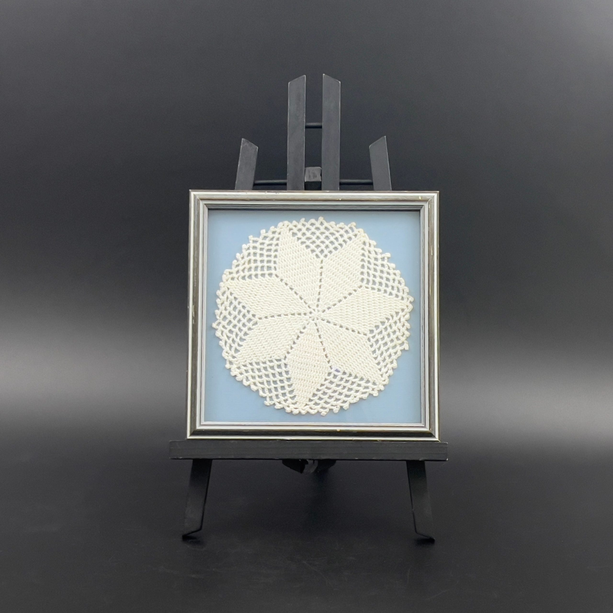 Framed Vintage Crochet Doily: Blue & White Wall Decor (8x8) - Image 3