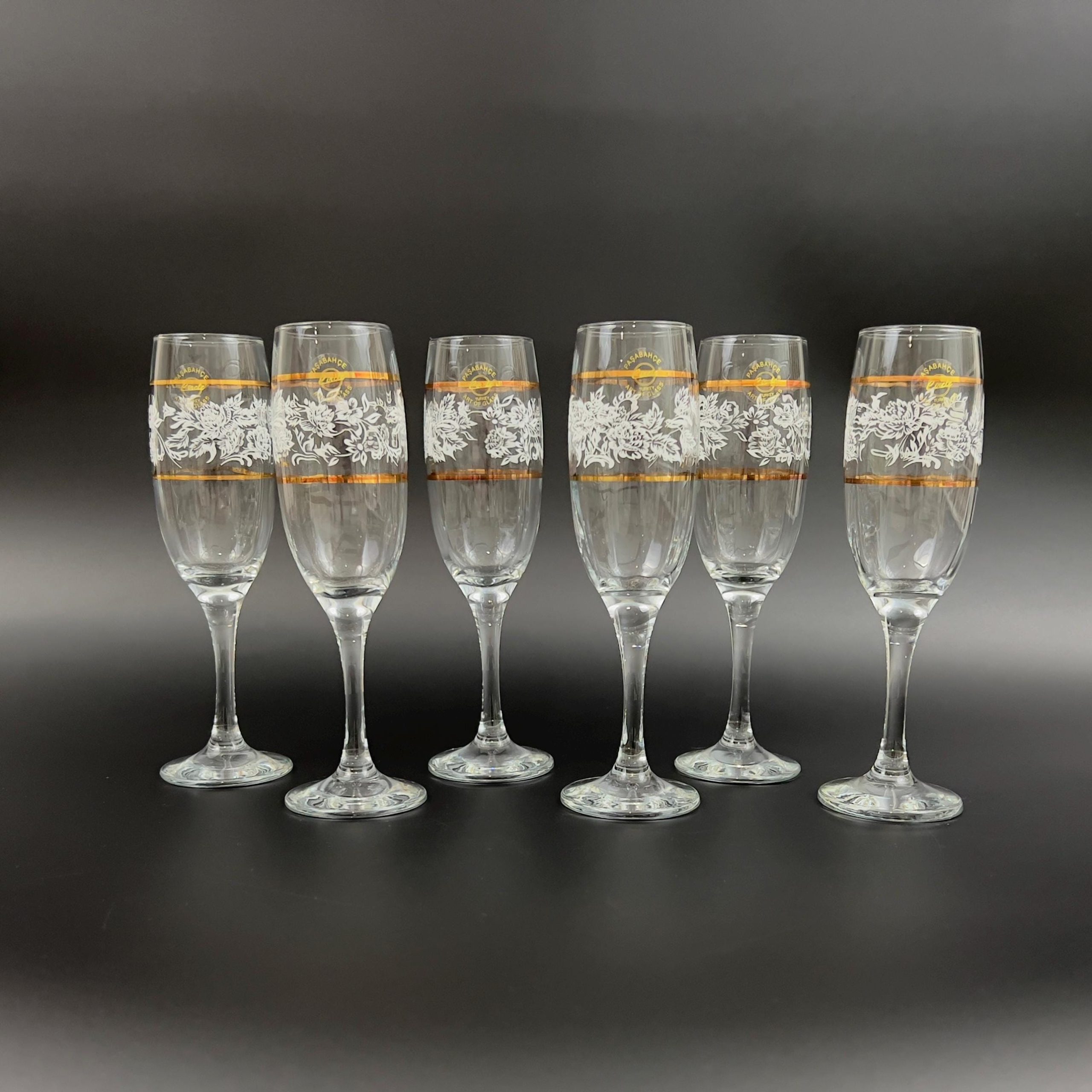Vintage Pasabahce Champagne Flutes: White Floral & Gold Set of 6 - Image 9