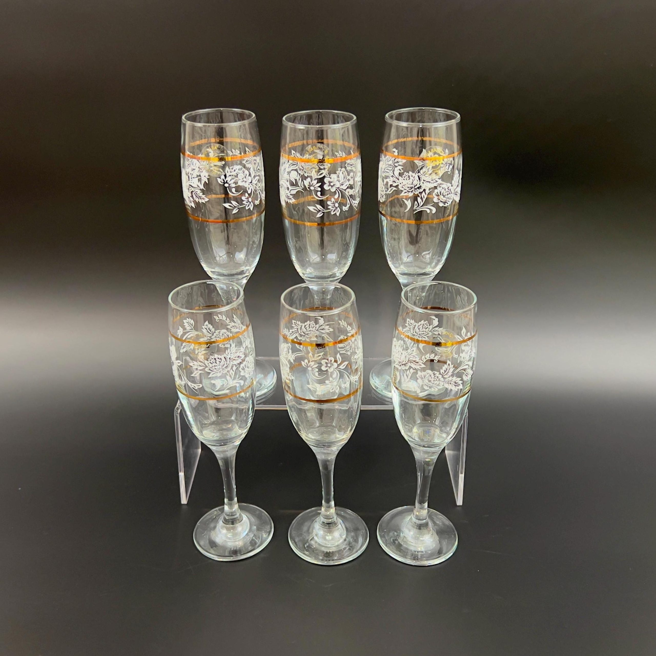 Vintage Pasabahce Champagne Flutes: White Floral & Gold Set of 6 - Image 5