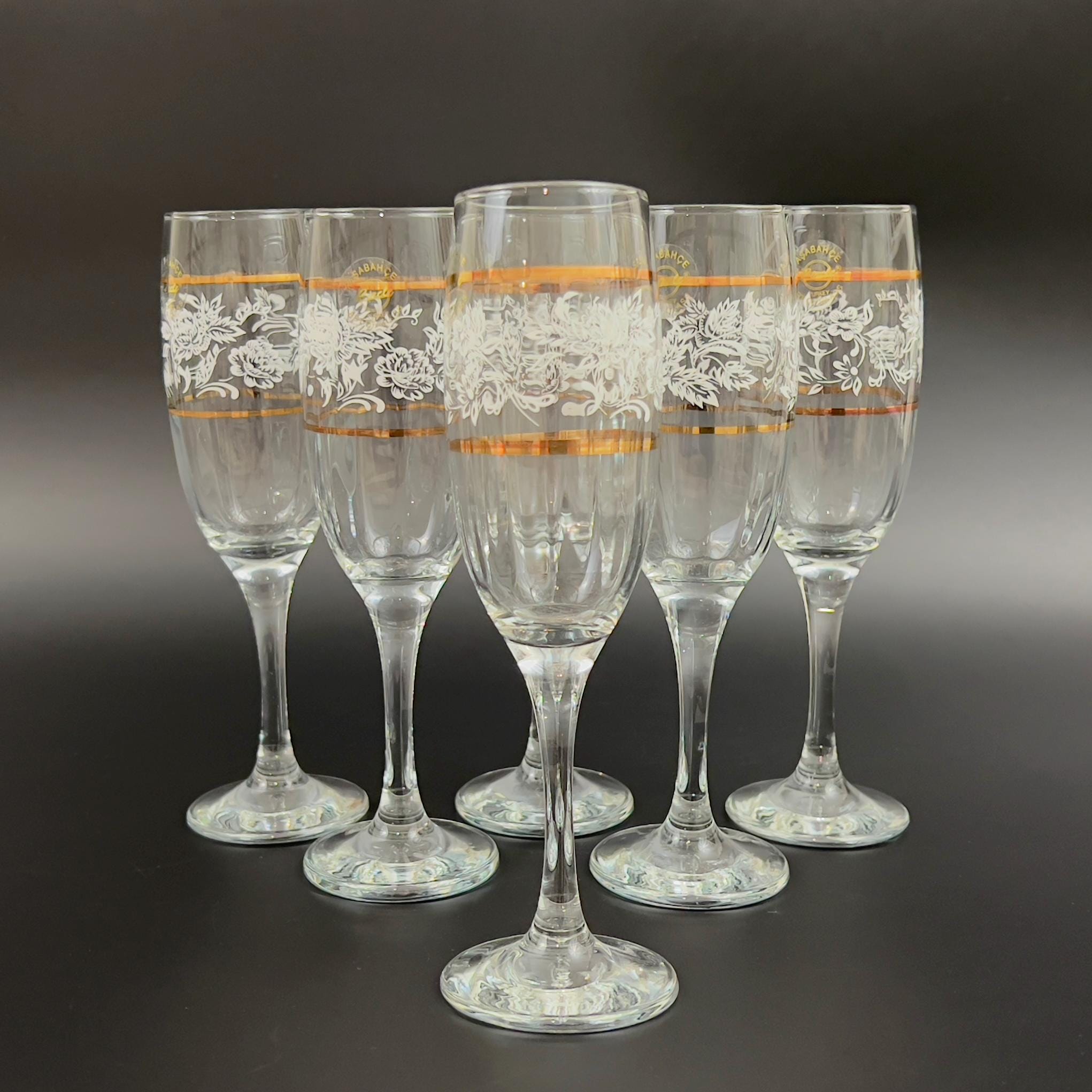 Vintage Pasabahce Champagne Flutes: White Floral & Gold Set of 6 - Image 8