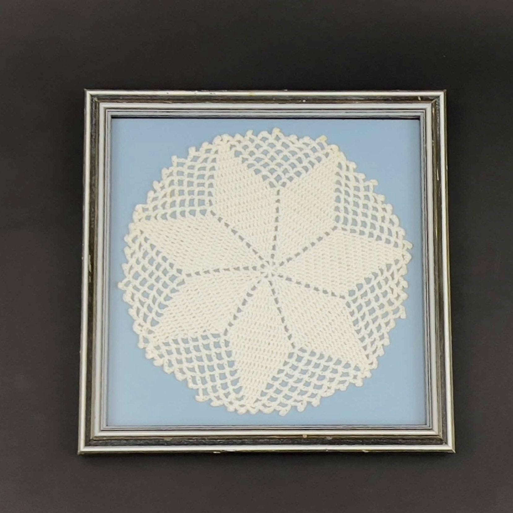 Framed Vintage Crochet Doily: Blue & White Wall Decor (8x8)