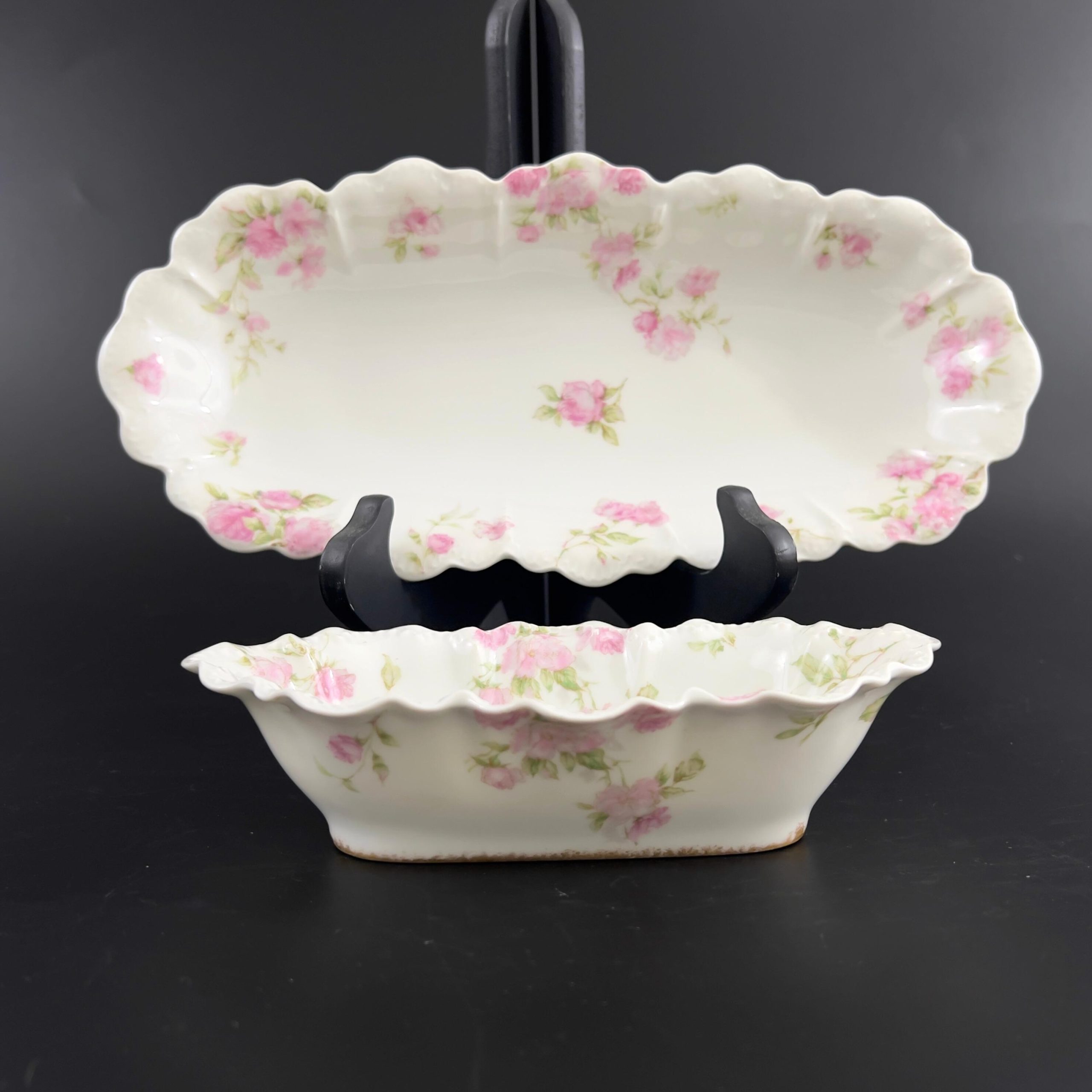 Antique Haviland Limoges Serving Bowls: Pink Rose Celery & Olive Dishes - Image 3