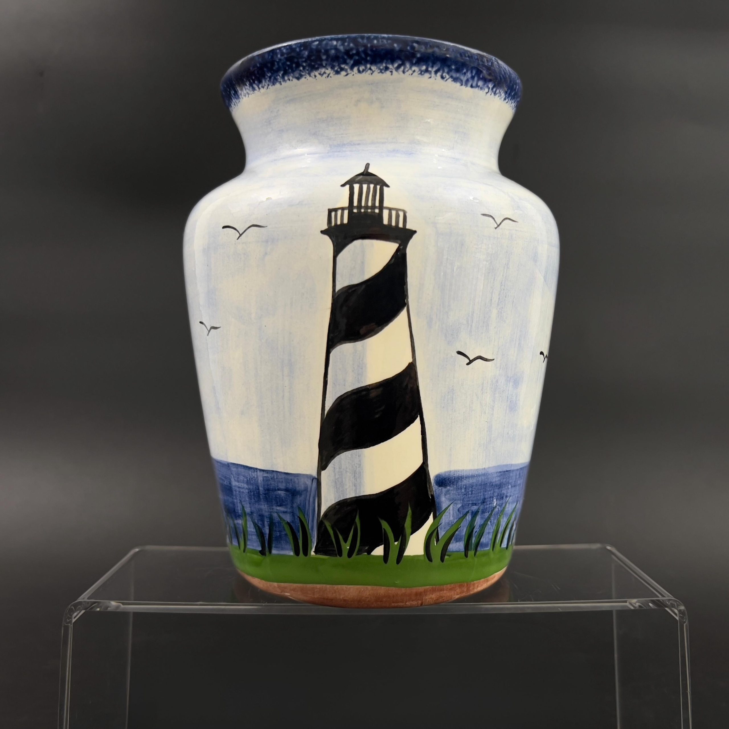 Hand-Painted Lighthouse Vase: Nola Watkins Folk Art Pottery - Image 3