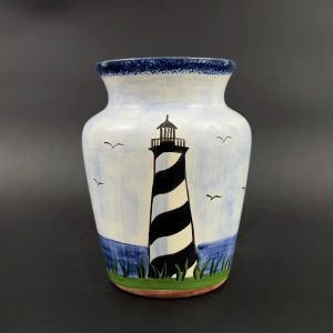 Hand-Painted Lighthouse Vase: Nola Watkins Folk Art Pottery