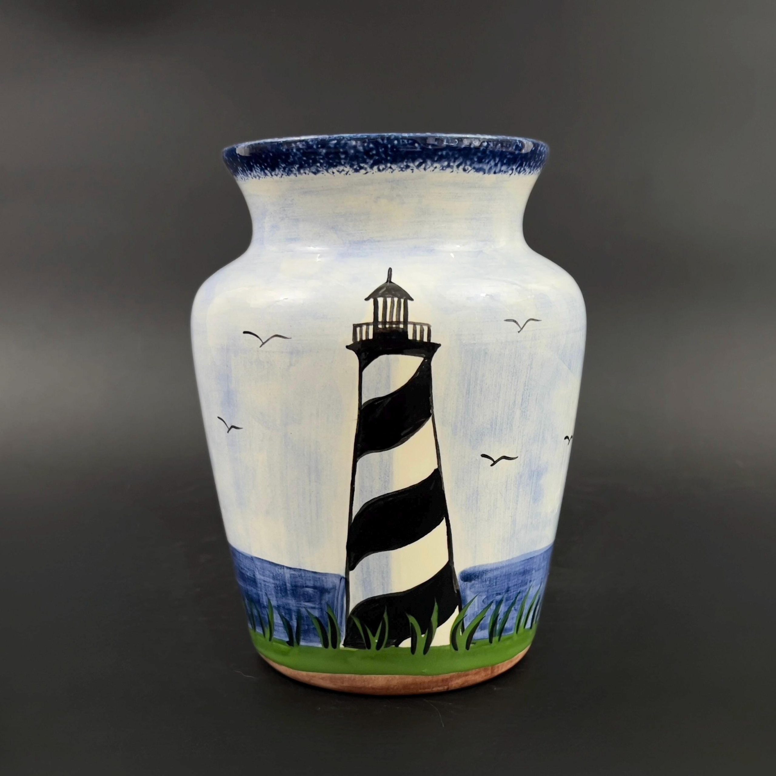 Hand-Painted Lighthouse Vase: Nola Watkins Folk Art Pottery