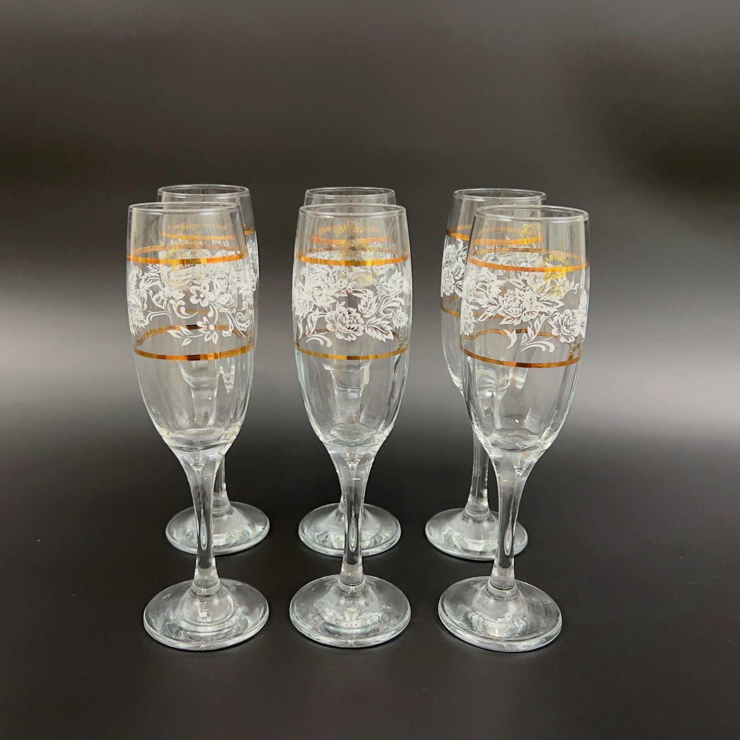 Vintage Pasabahce Champagne Flutes: White Floral & Gold Set of 6