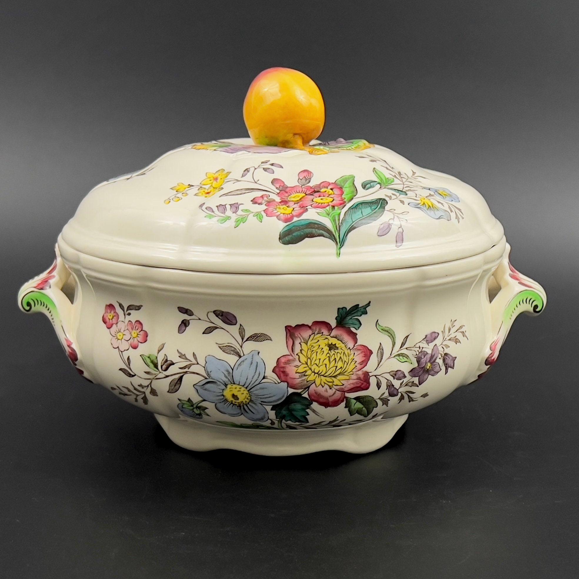 Vintage Spode Gainsborough Tureen: Floral Lidded Casserole with Apple Finial