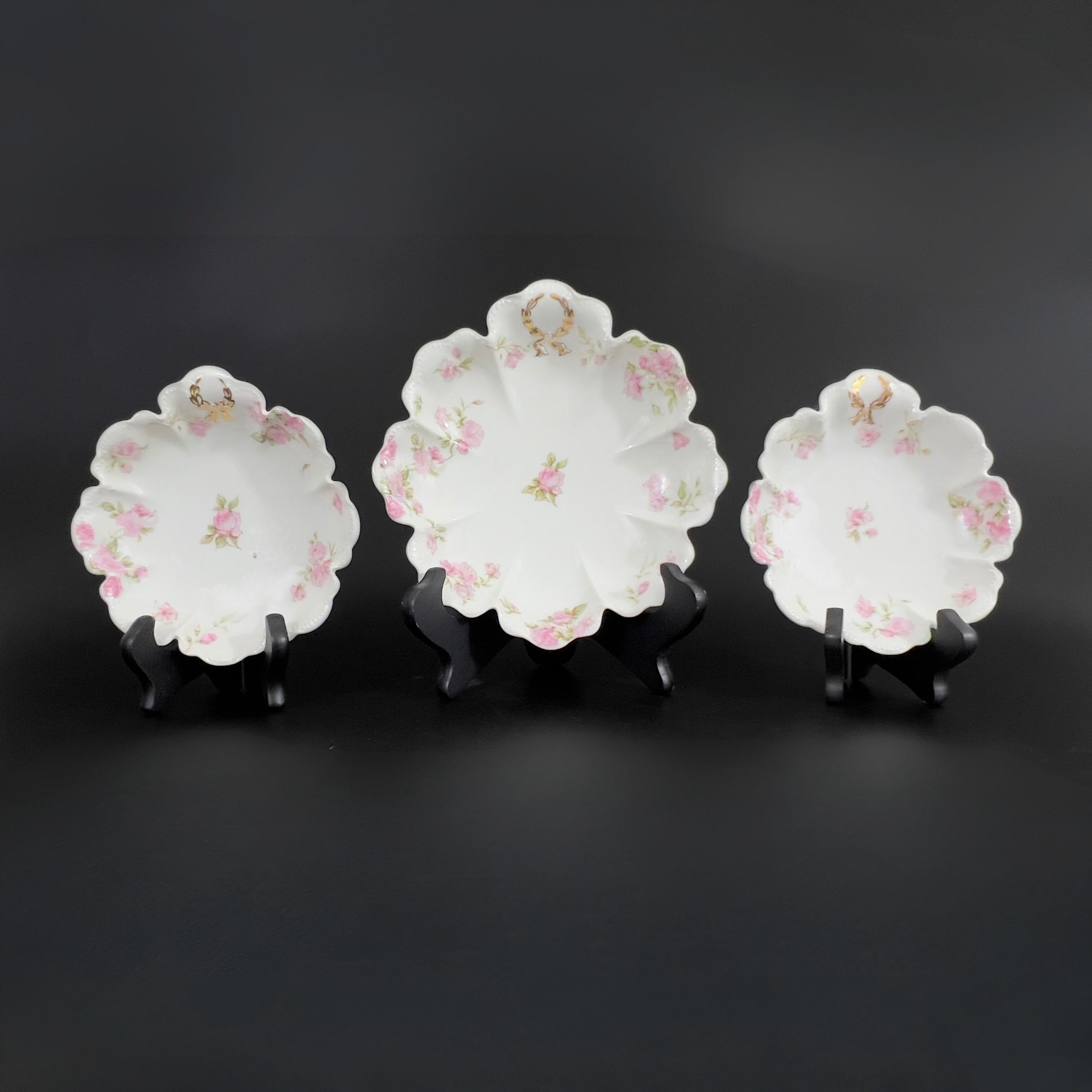 Antique Haviland Limoges Bowls: Pink Roses, Gold Laurel - Set of 3