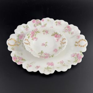 Antique Haviland Limoges Platter & Sauce Dish: Pink Roses, Gold Laurel