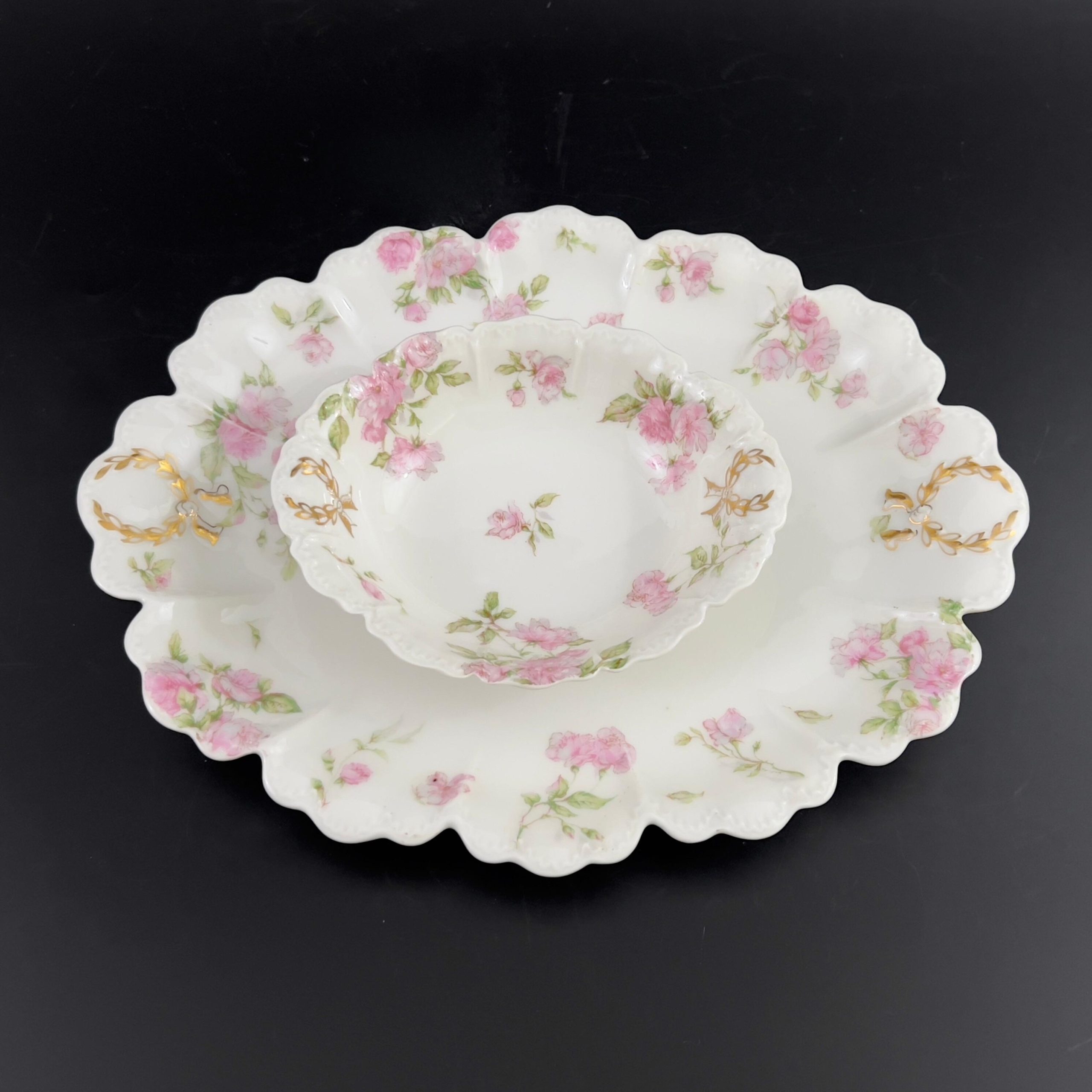 Antique Haviland Limoges Platter & Sauce Dish: Pink Roses, Gold Laurel