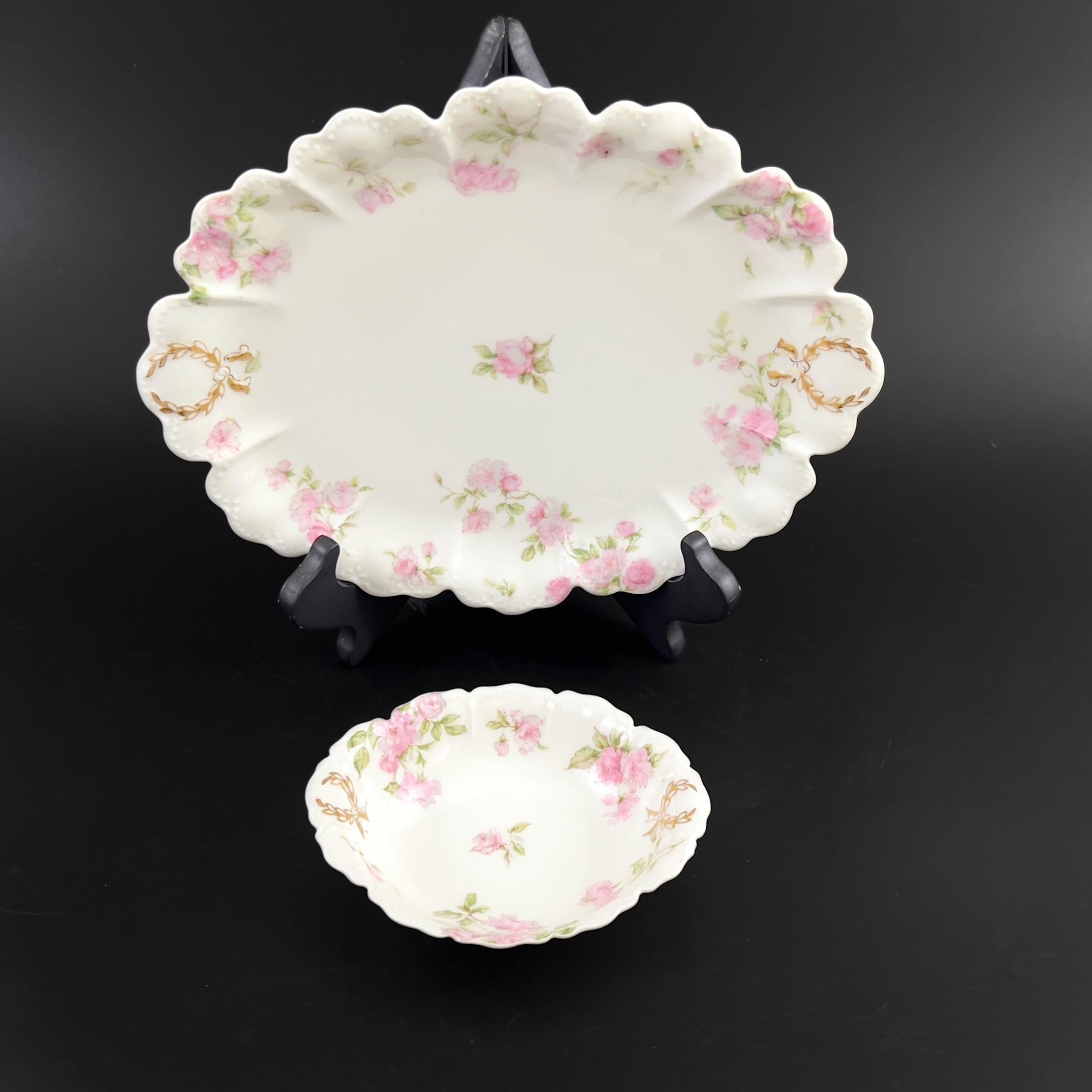 Antique Haviland Limoges Platter & Sauce Dish: Pink Roses, Gold Laurel - Image 5