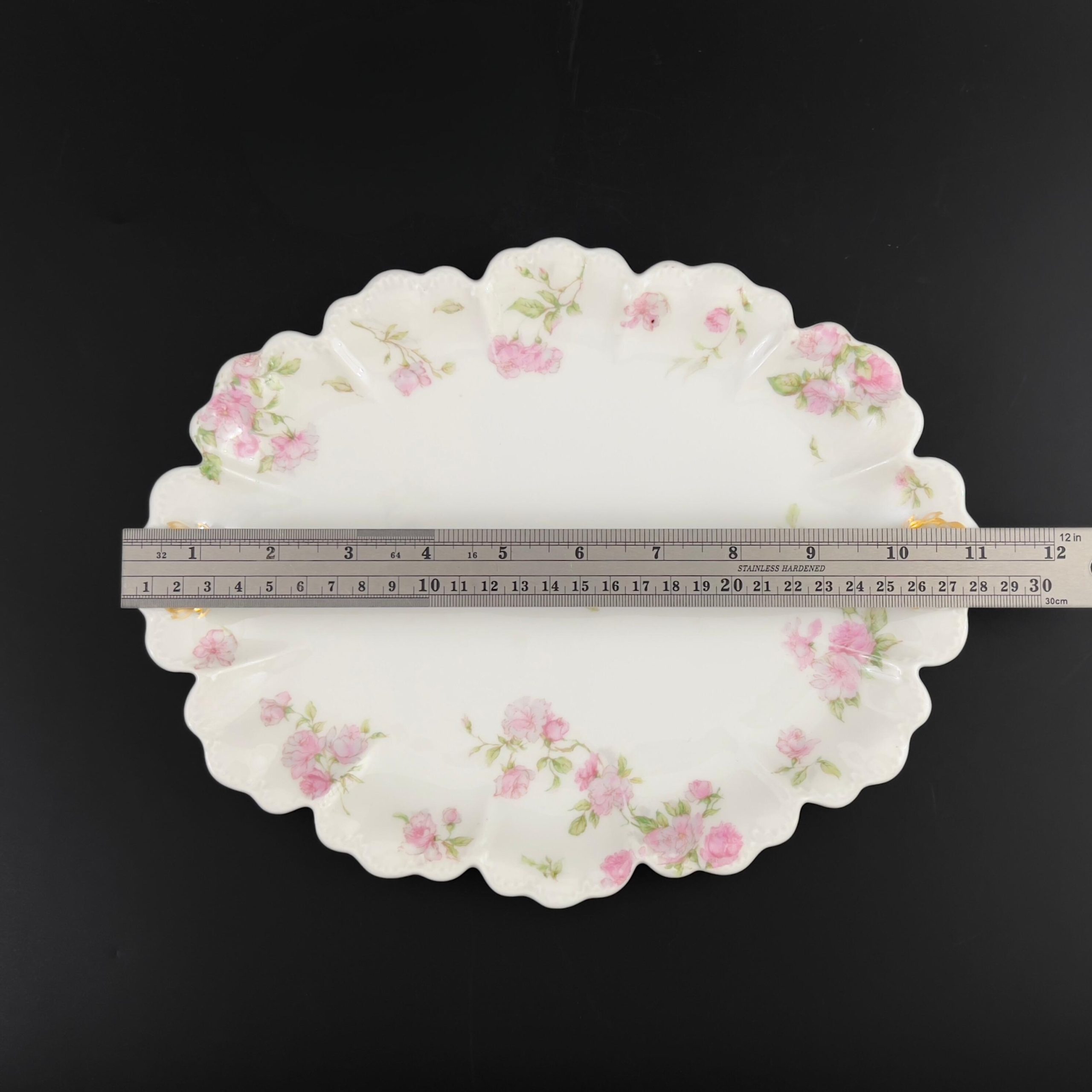 Antique Haviland Limoges Platter & Sauce Dish: Pink Roses, Gold Laurel - Image 8
