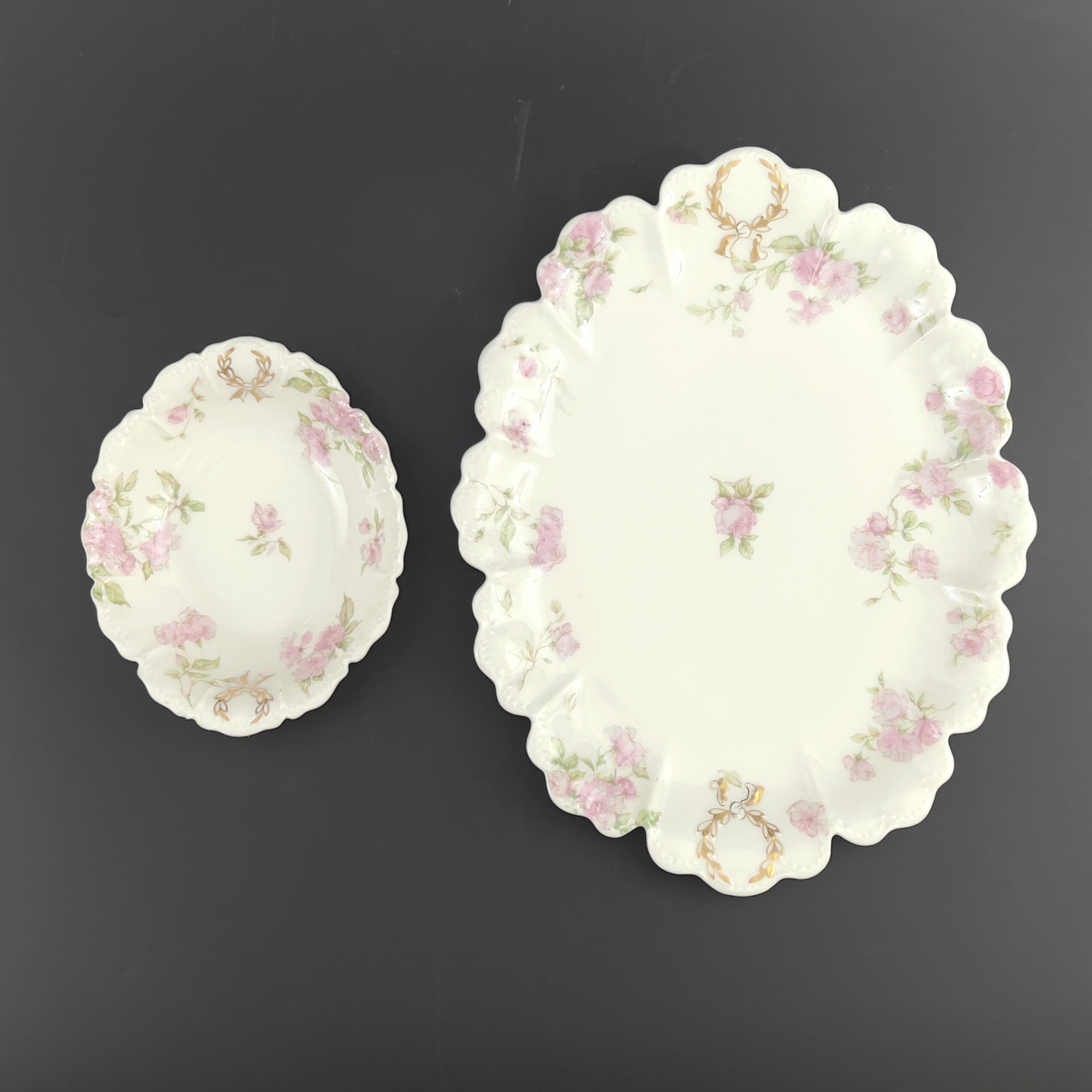 Antique Haviland Limoges Platter & Sauce Dish: Pink Roses, Gold Laurel - Image 4