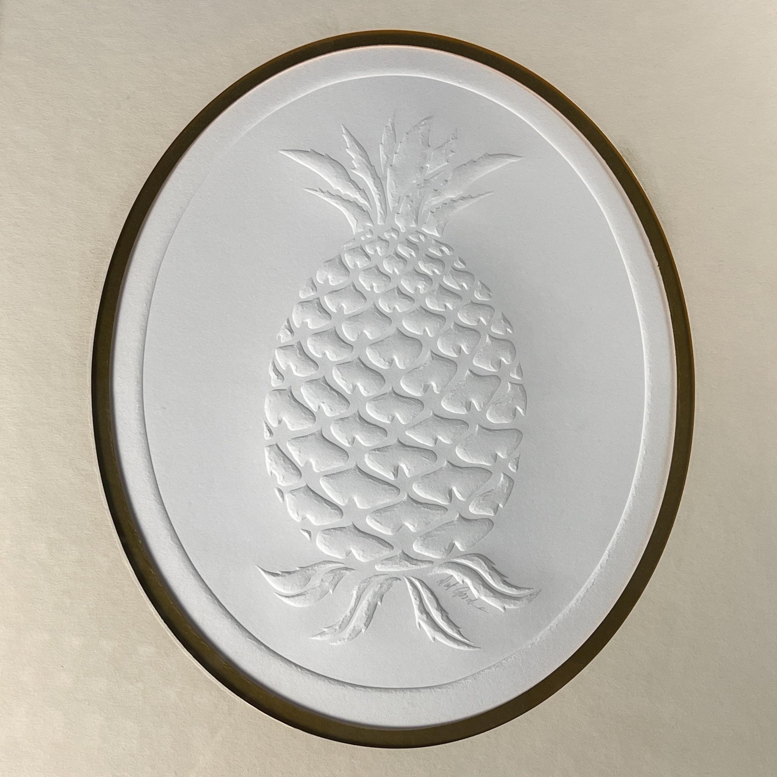 Framed Embossed Pineapple Art: Signed Dot Goodwin, Ornate Gold Frame - Image 4