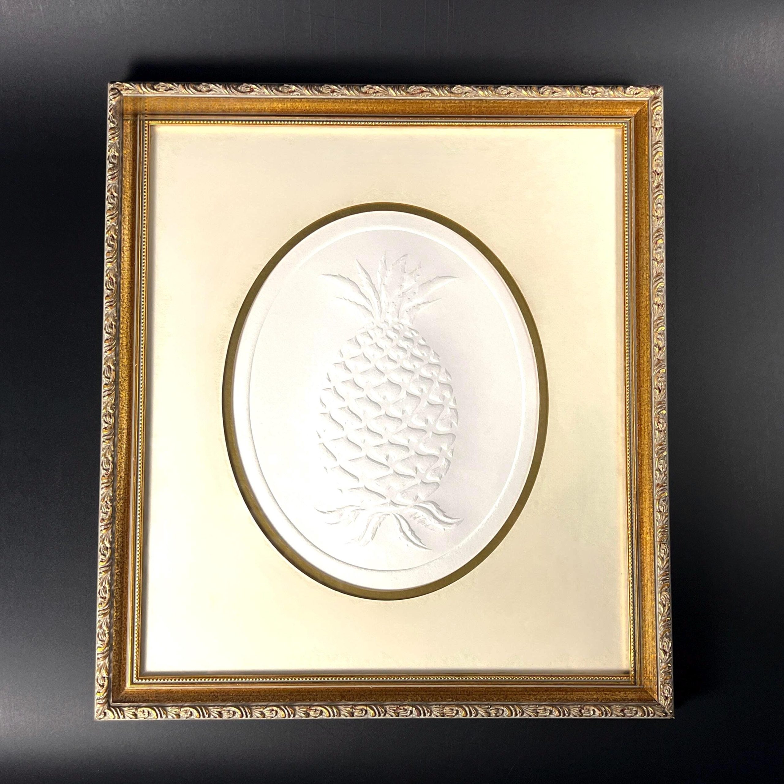 Framed Embossed Pineapple Art: Signed Dot Goodwin, Ornate Gold Frame