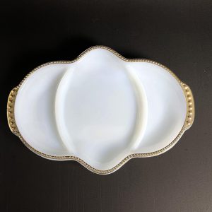 Vintage Fire King Milk Glass Divided Dish: Gold Trim Relish Tray