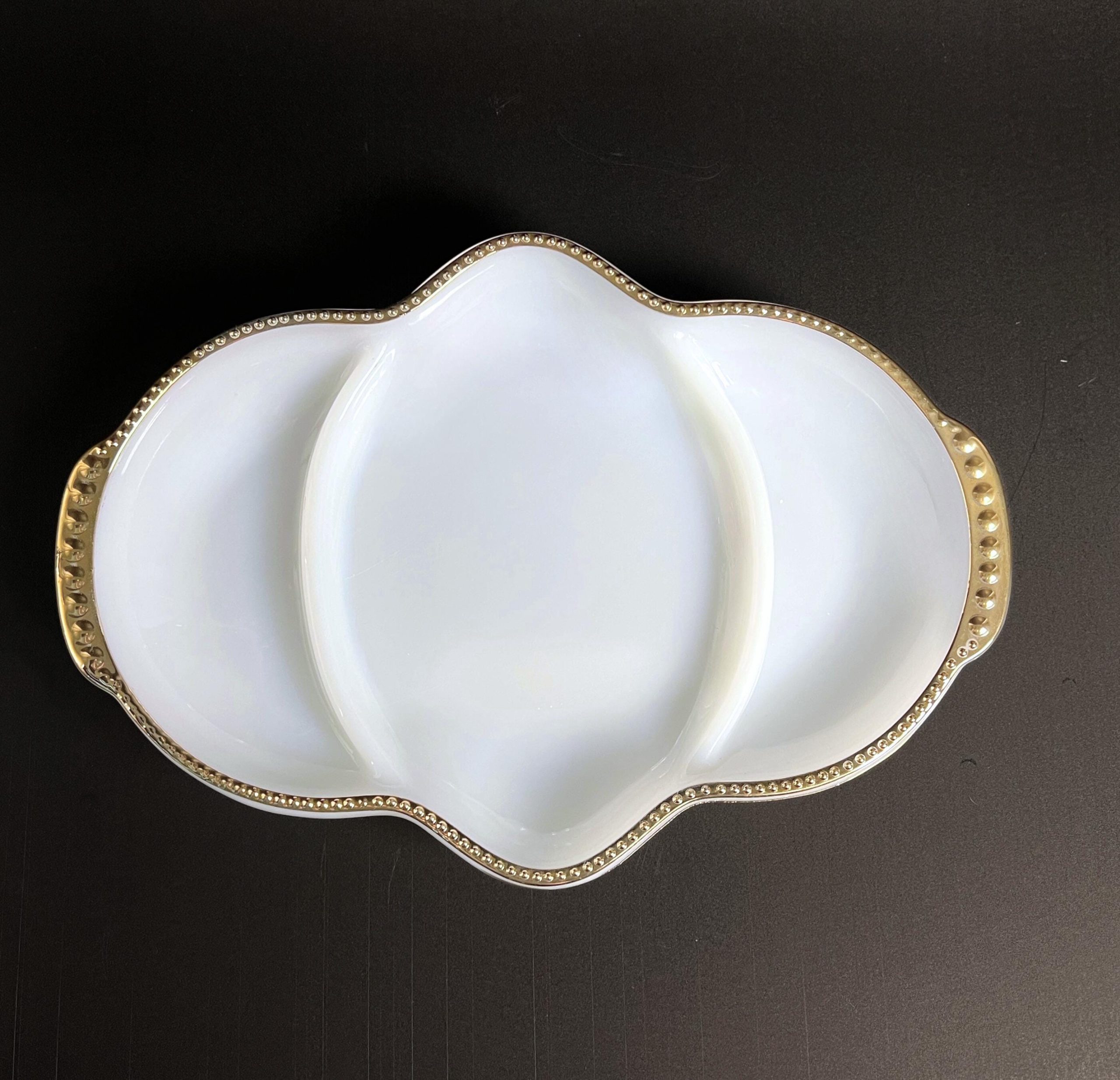 Vintage Fire King Milk Glass Divided Dish: Gold Trim Relish Tray