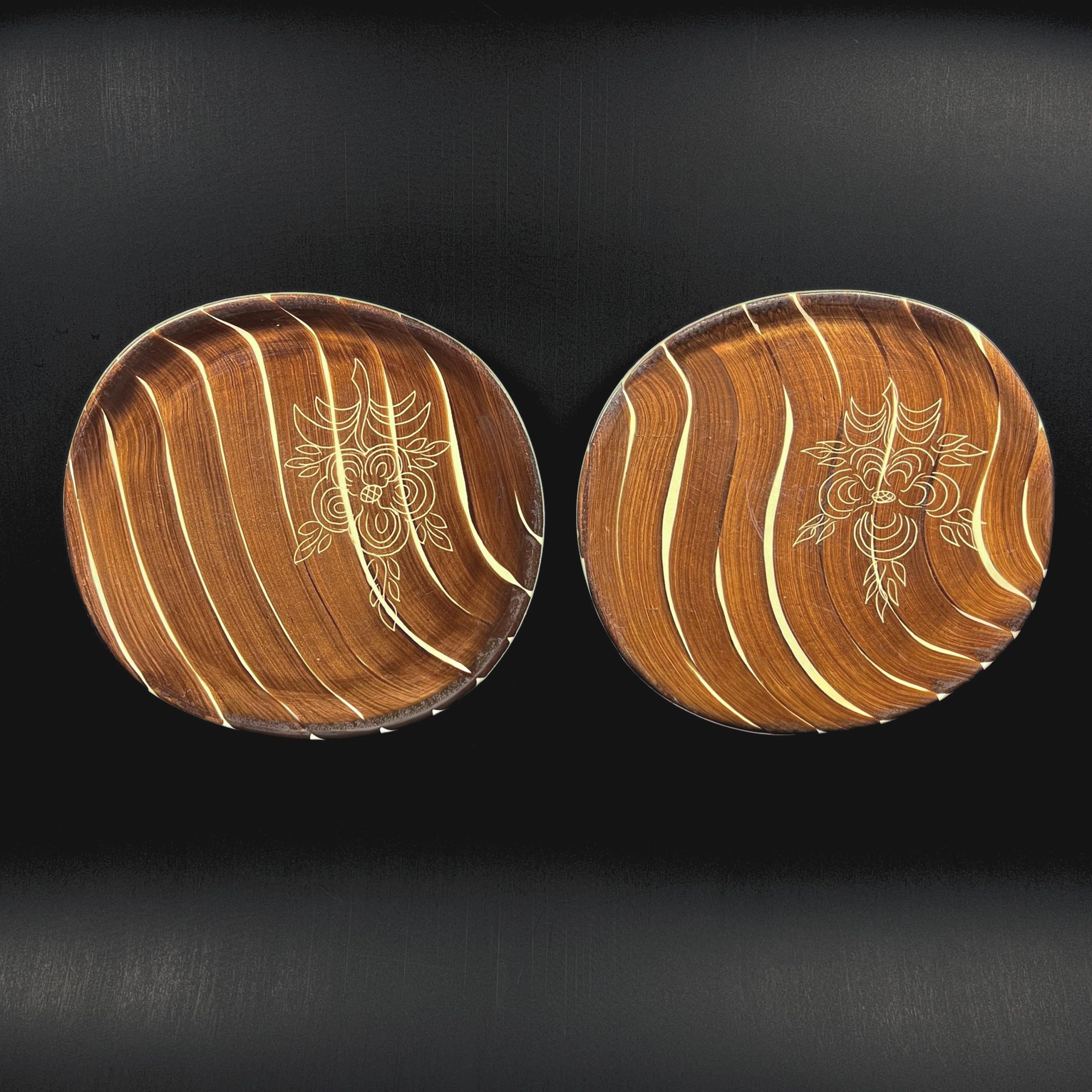Purinton Intaglio Brown Stripe Plates, Set of 2 Hand Painted 1950s