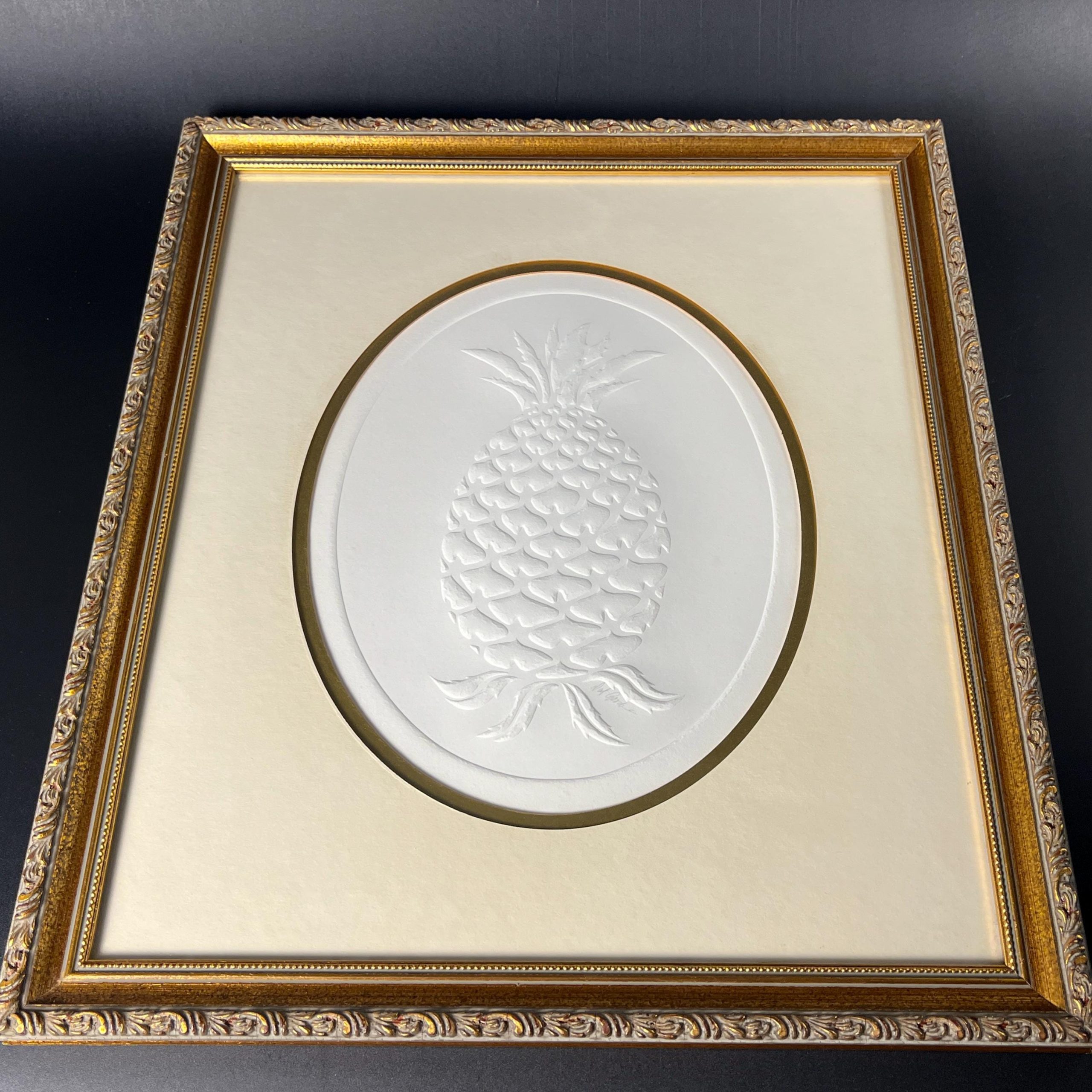 Framed Embossed Pineapple Art: Signed Dot Goodwin, Ornate Gold Frame - Image 3