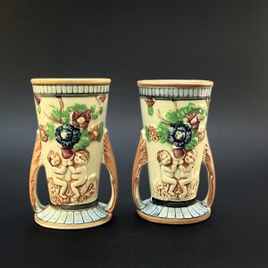 Vintage Japanese Cherub Vases: Floral Pottery, 1920s-40s, K Japan