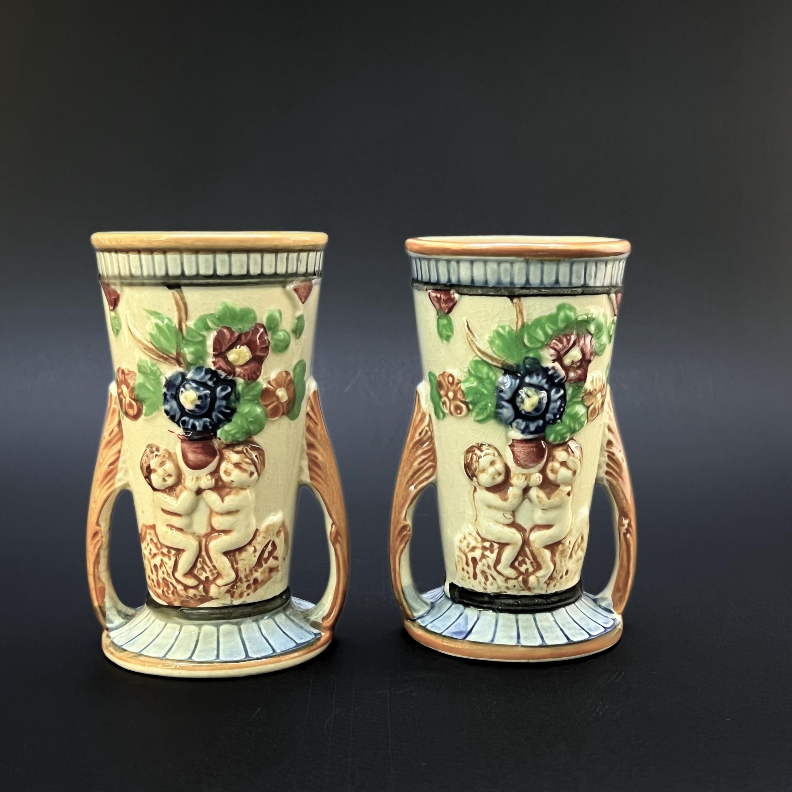 Vintage Japanese Cherub Vases: Floral Pottery, 1920s-40s, K Japan - Image 4