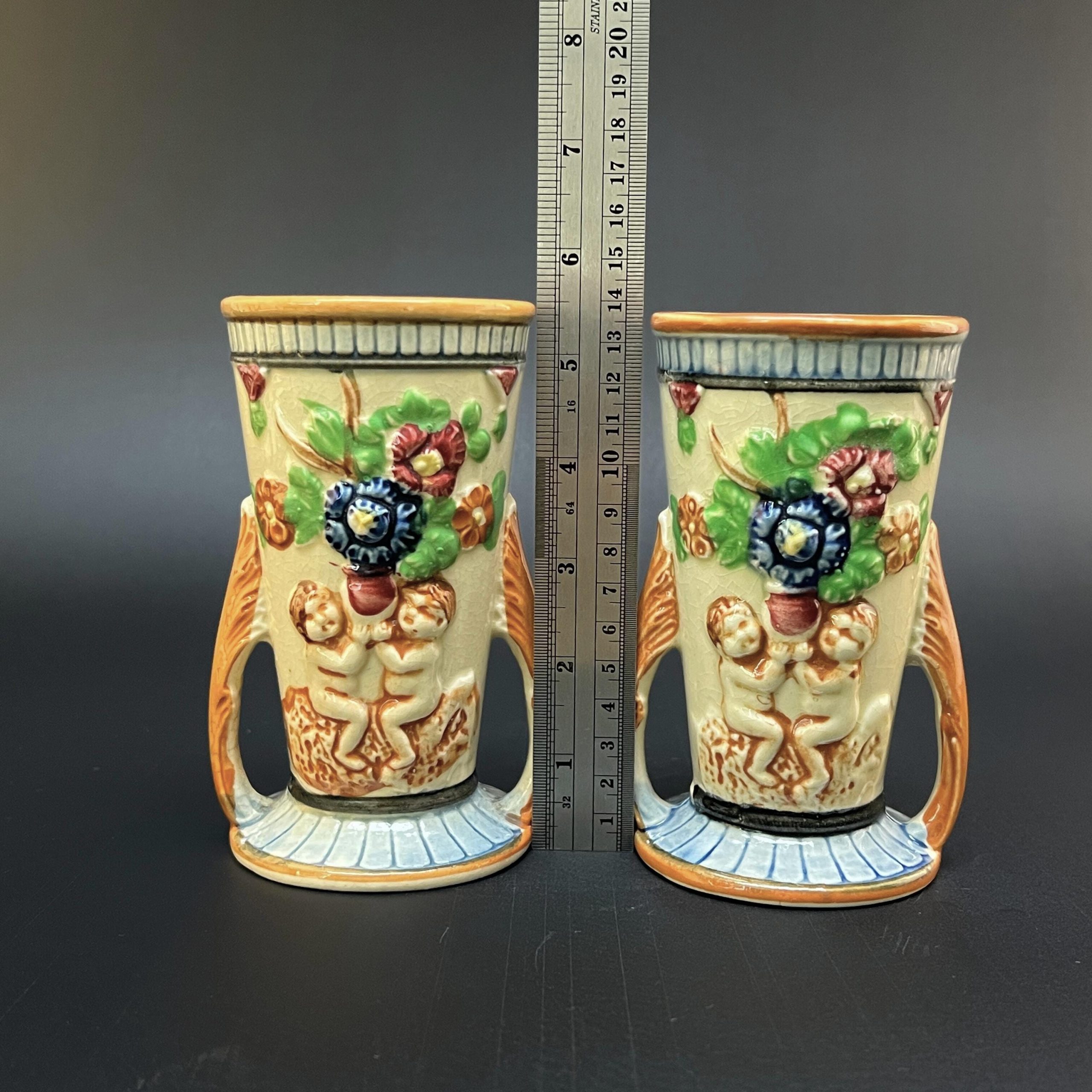 Vintage Japanese Cherub Vases: Floral Pottery, 1920s-40s, K Japan - Image 6