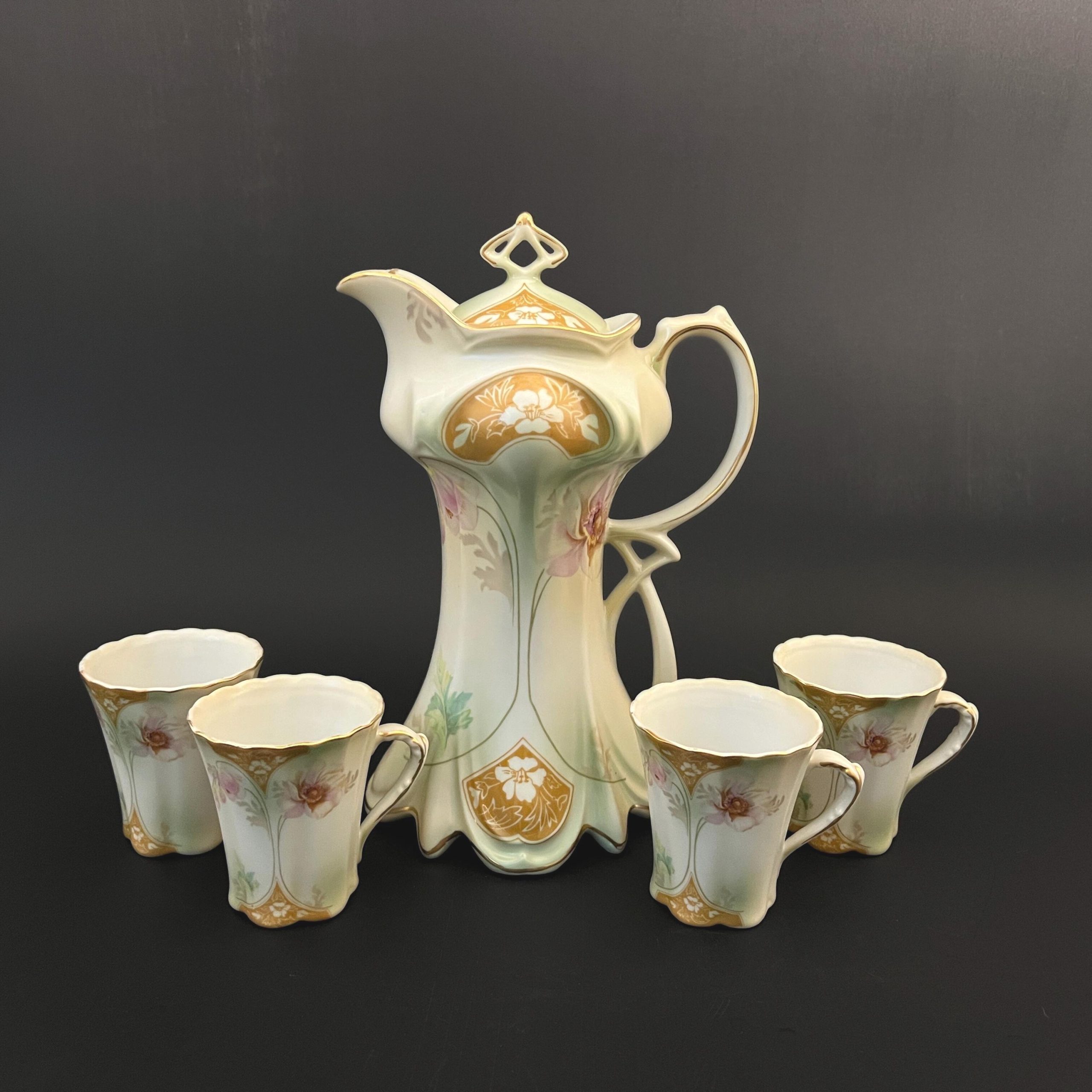 Antique RS Suhl Chocolate Pot Set: Hand-Painted Art Nouveau Porcelain