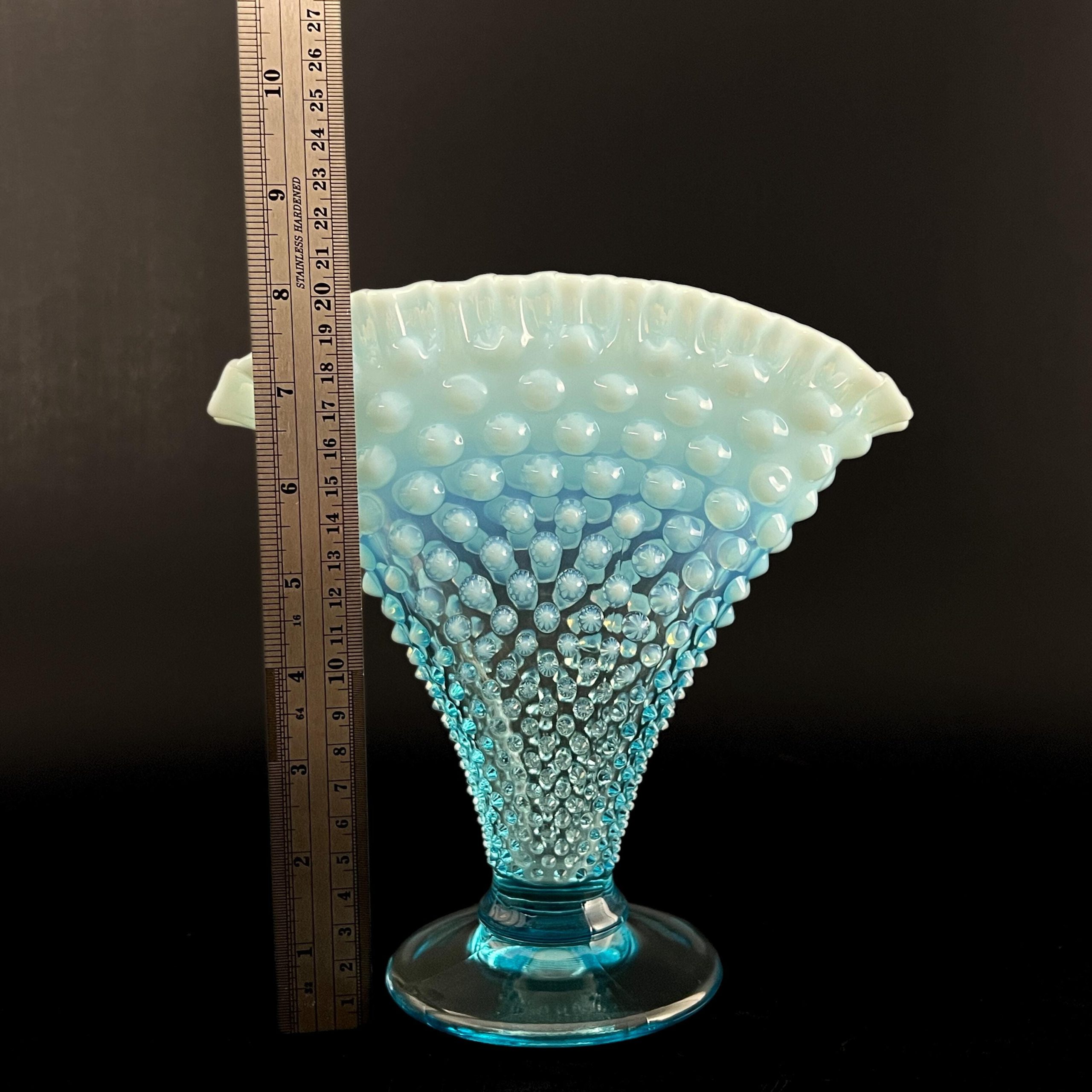 Vintage Fenton Blue Opalescent Hobnail Glass Collection: Vase, Basket, Perfume, Cornucopia - Image 9