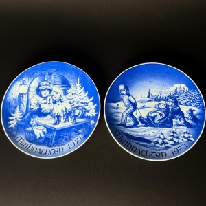 Bareuther Bavaria Christmas Plate Set: 1971 & 1973 Blue White Porcelain