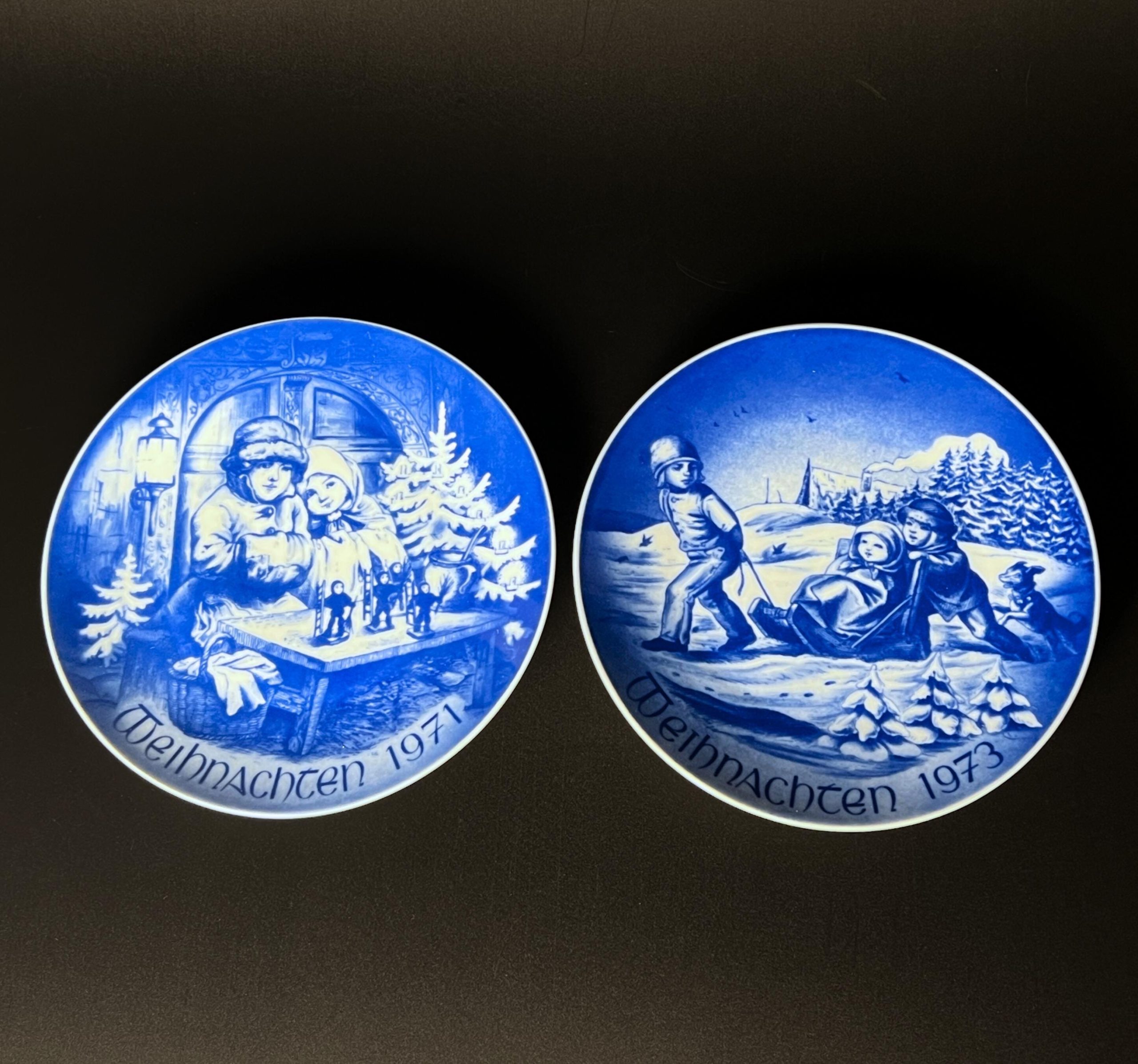 Bareuther Bavaria Christmas Plate Set: 1971 & 1973 Blue White Porcelain