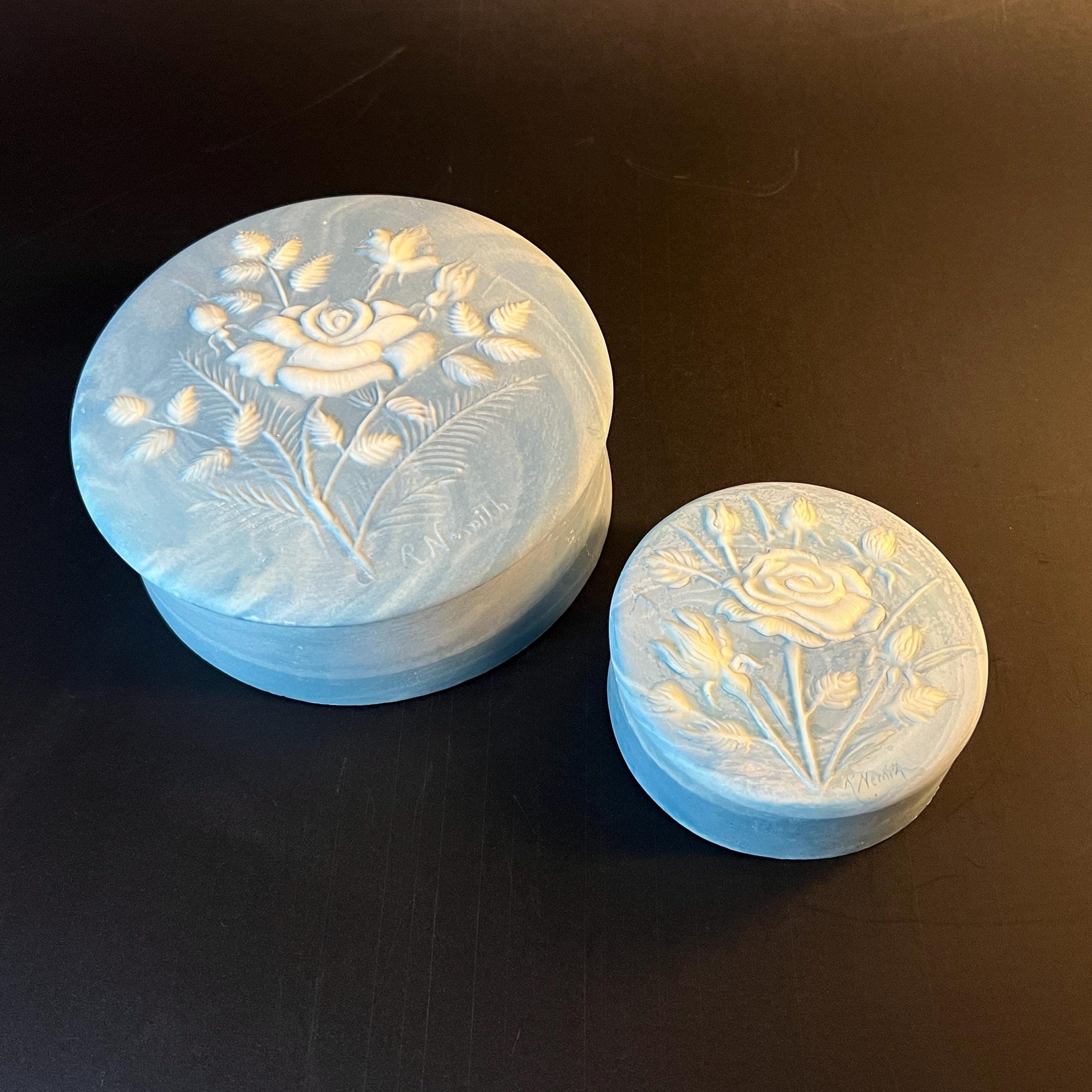 Vintage Incolay Stone Trinket Box Set, Robert Nemith Floral Jewelry Boxes, 1970s Vanity Decor - Image 3