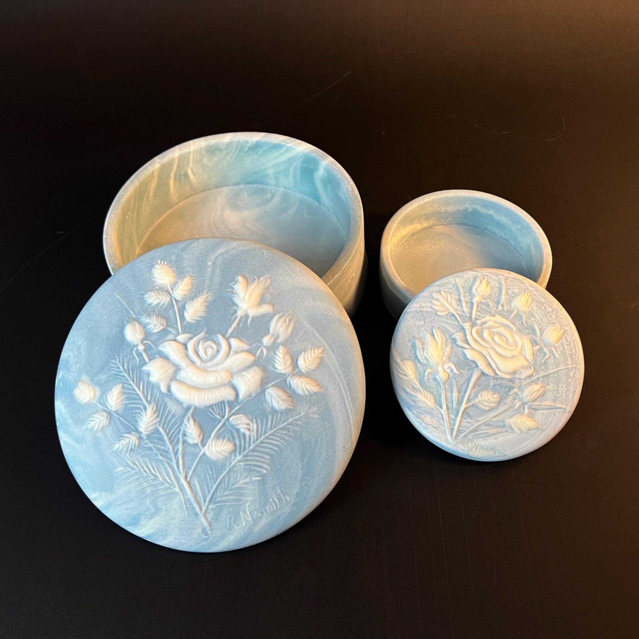 Vintage Incolay Stone Trinket Box Set, Robert Nemith Floral Jewelry Boxes, 1970s Vanity Decor