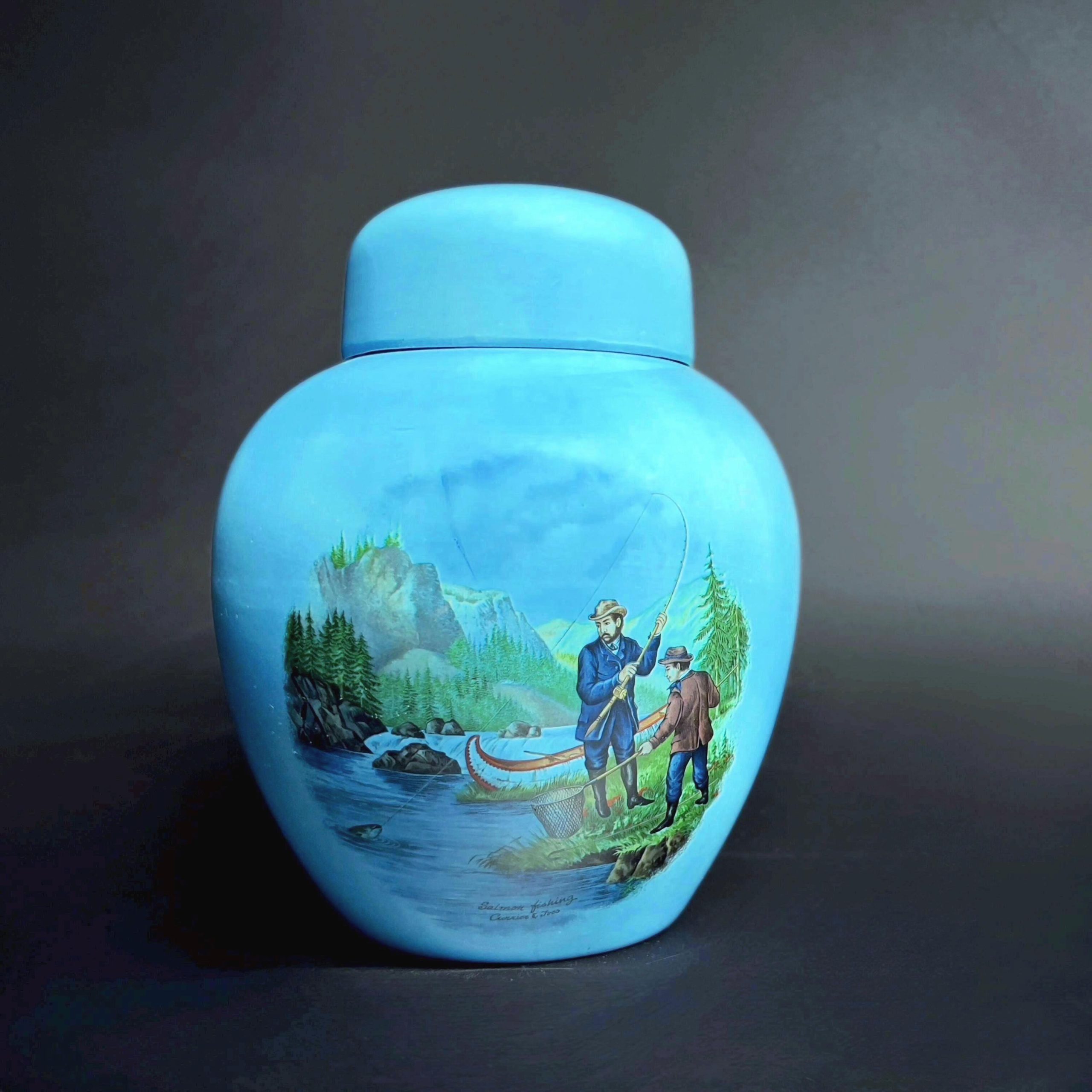 Vintage Blue Ginger Jar: Currier & Ives Hunting Scene, Holland Mold 1977