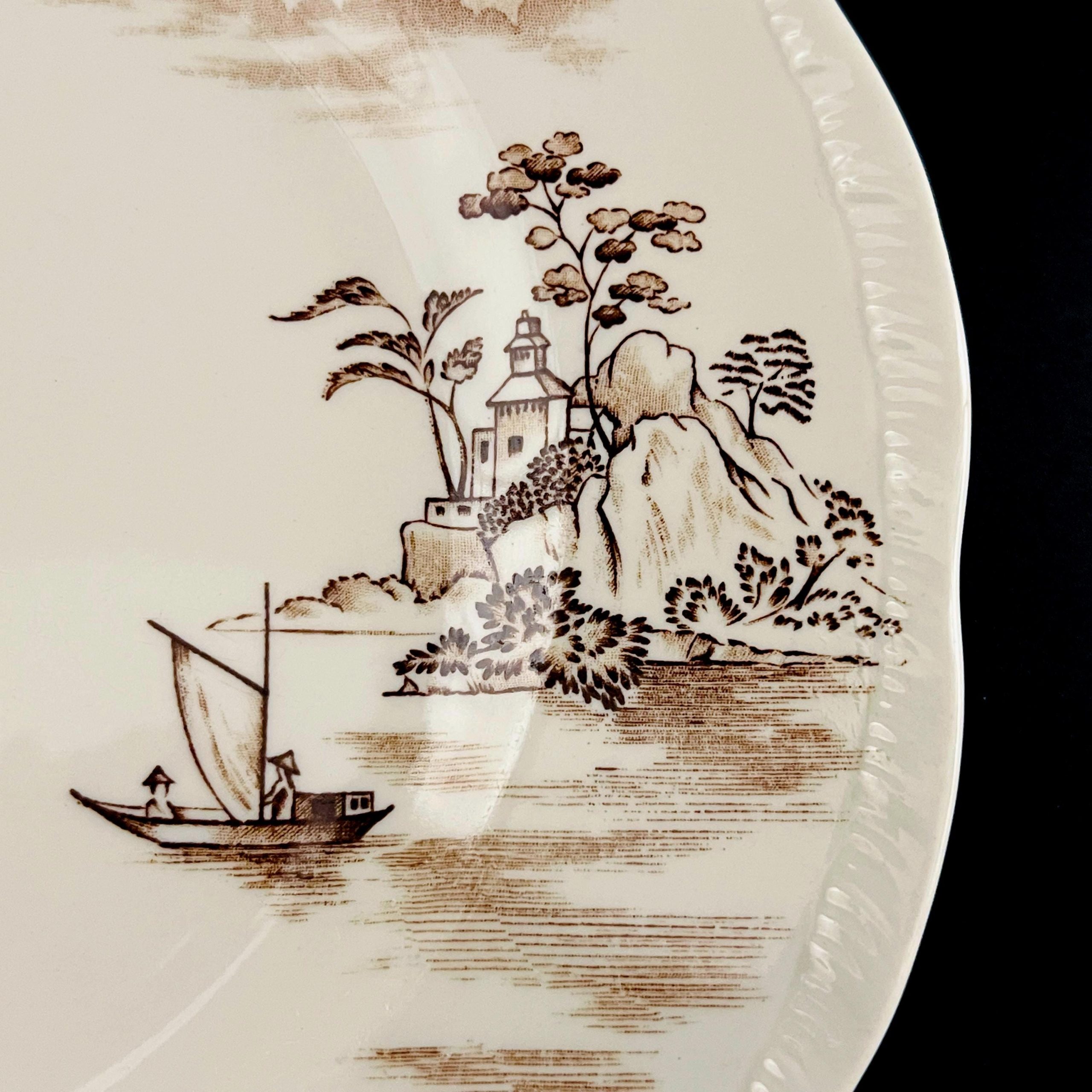 Set of 2 - Alfred Meakin Tsing Hai 10 inch Plates, Midcentury Chinoiserie Brown & White Ironstone - Image 6