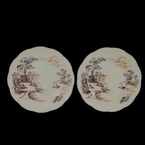 Set of 2 - Alfred Meakin Tsing Hai 10 inch Plates, Midcentury Chinoiserie Brown & White Ironstone