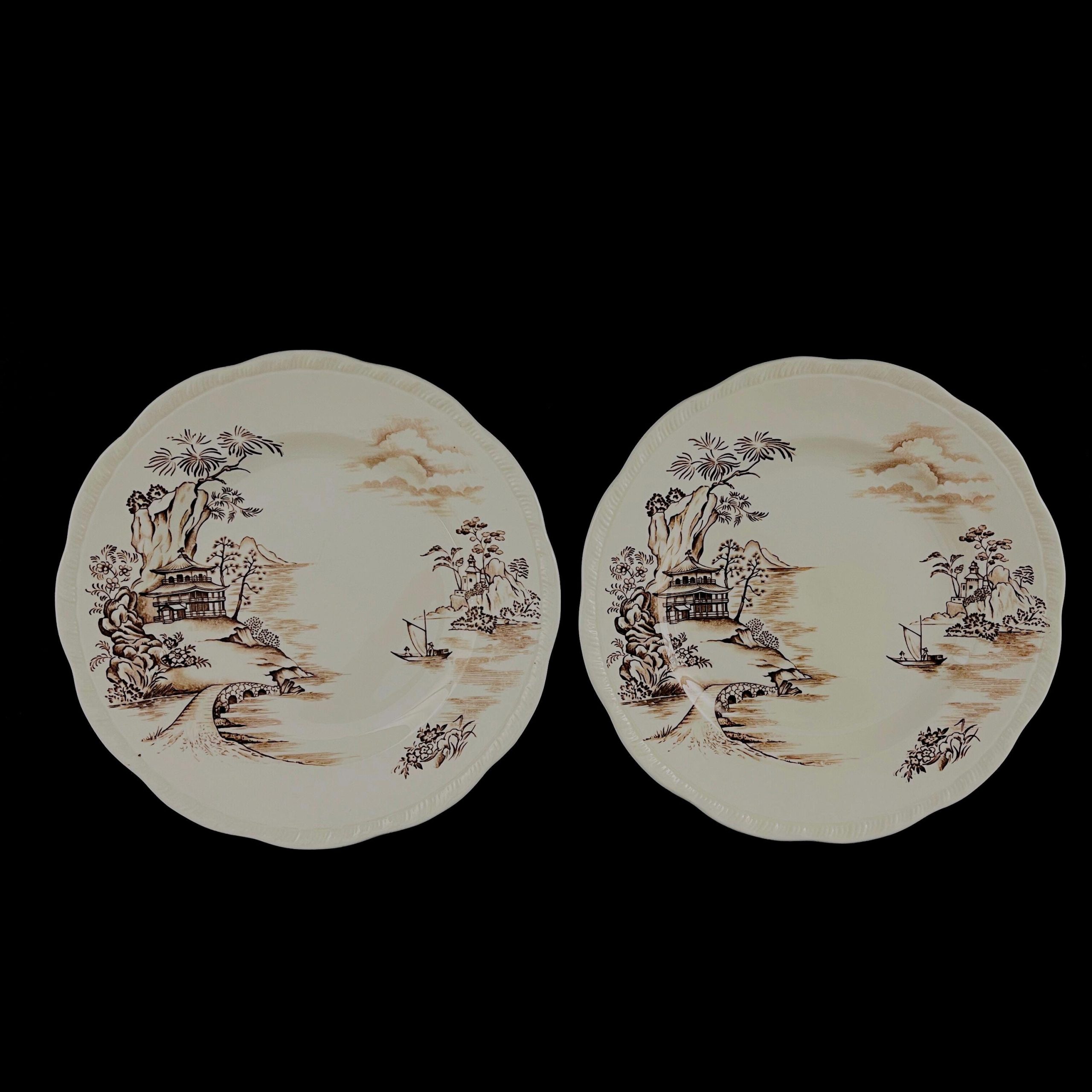 Set of 2 - Alfred Meakin Tsing Hai 10 inch Plates, Midcentury Chinoiserie Brown & White Ironstone