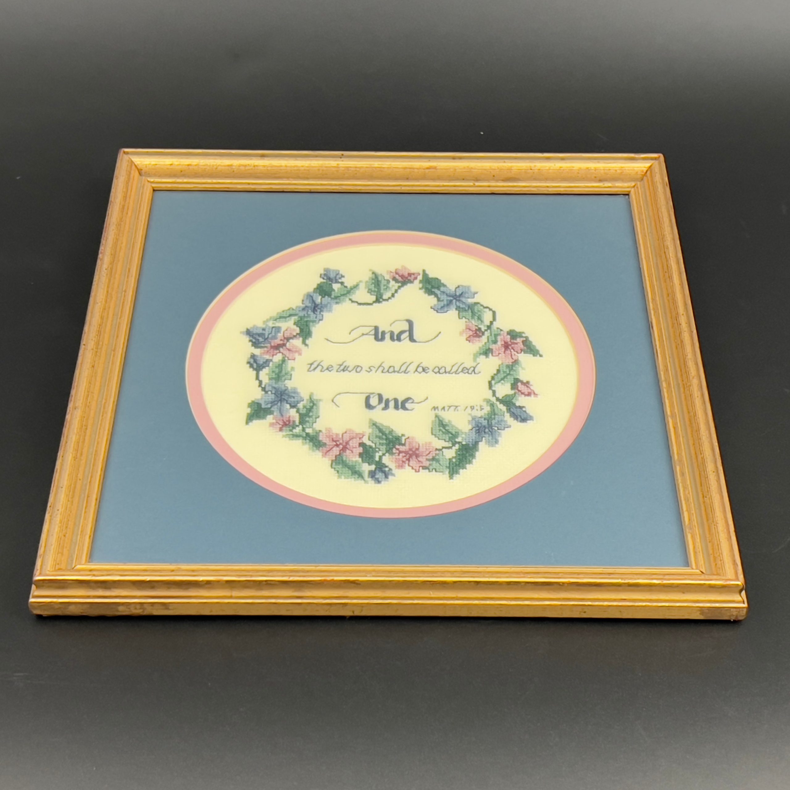 Vintage Framed Needlepoint, Matthew 19:5, Wedding Gift - Image 3