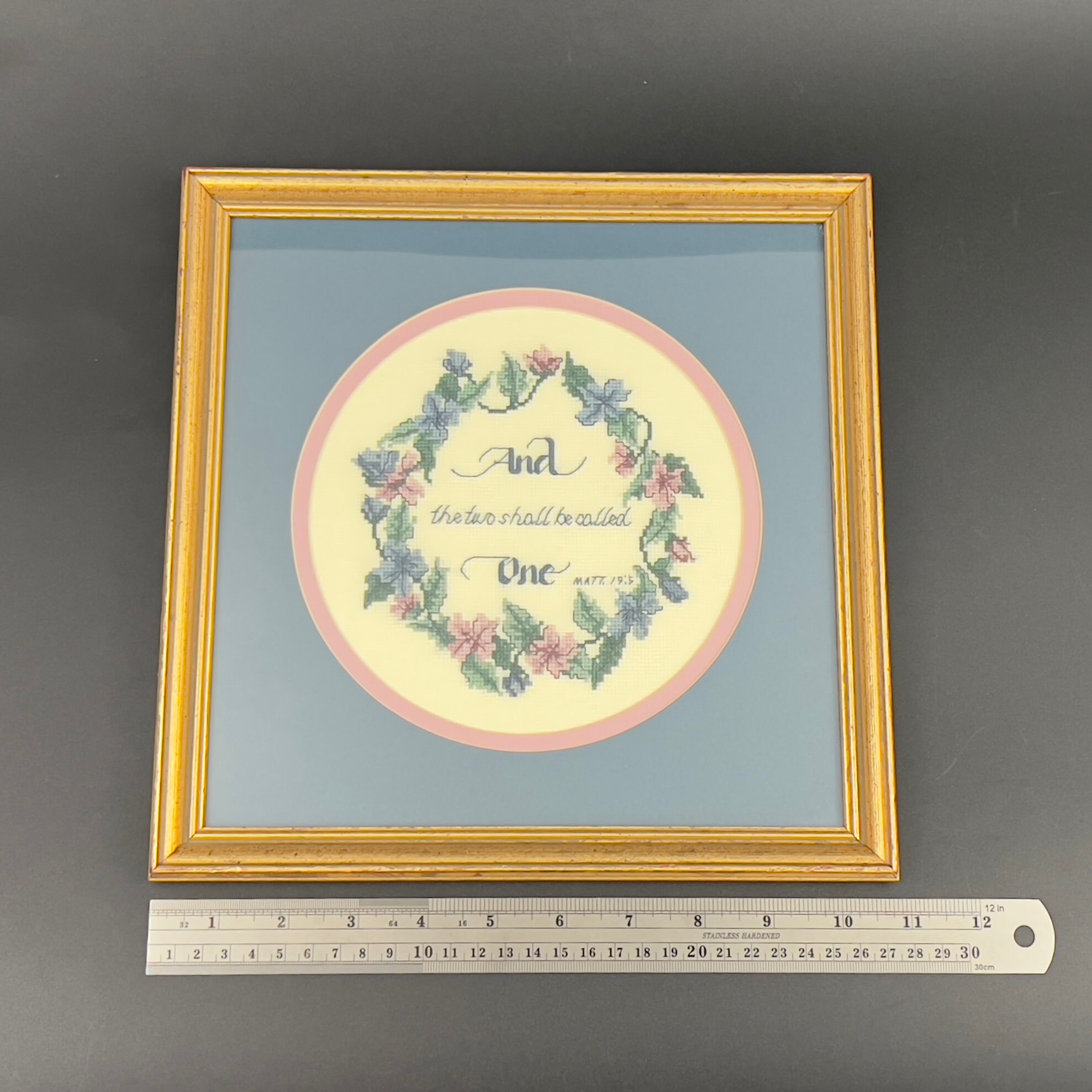 Vintage Framed Needlepoint, Matthew 19:5, Wedding Gift - Image 9