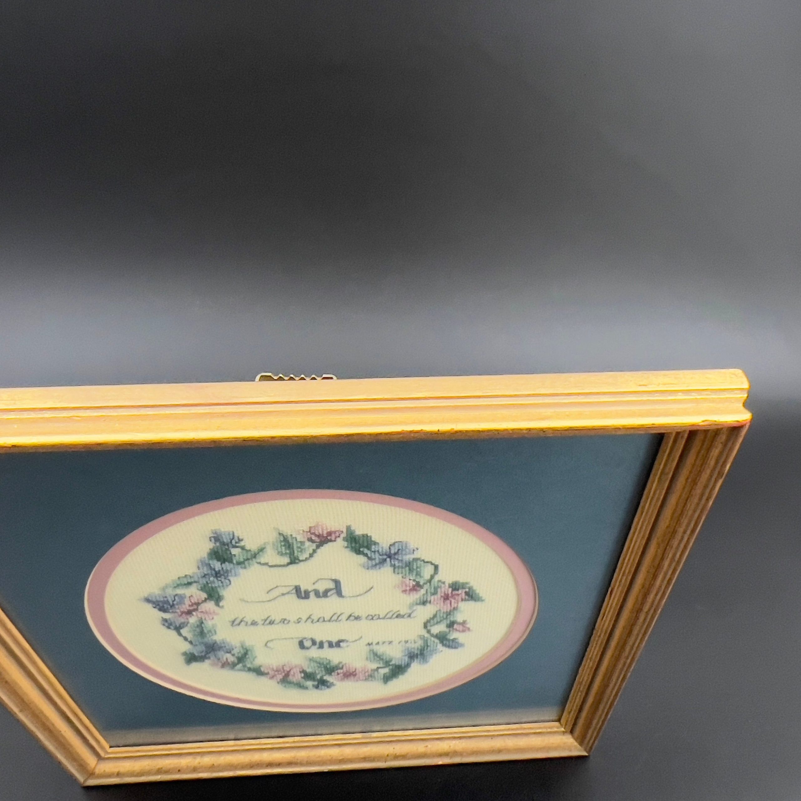 Vintage Framed Needlepoint, Matthew 19:5, Wedding Gift - Image 7