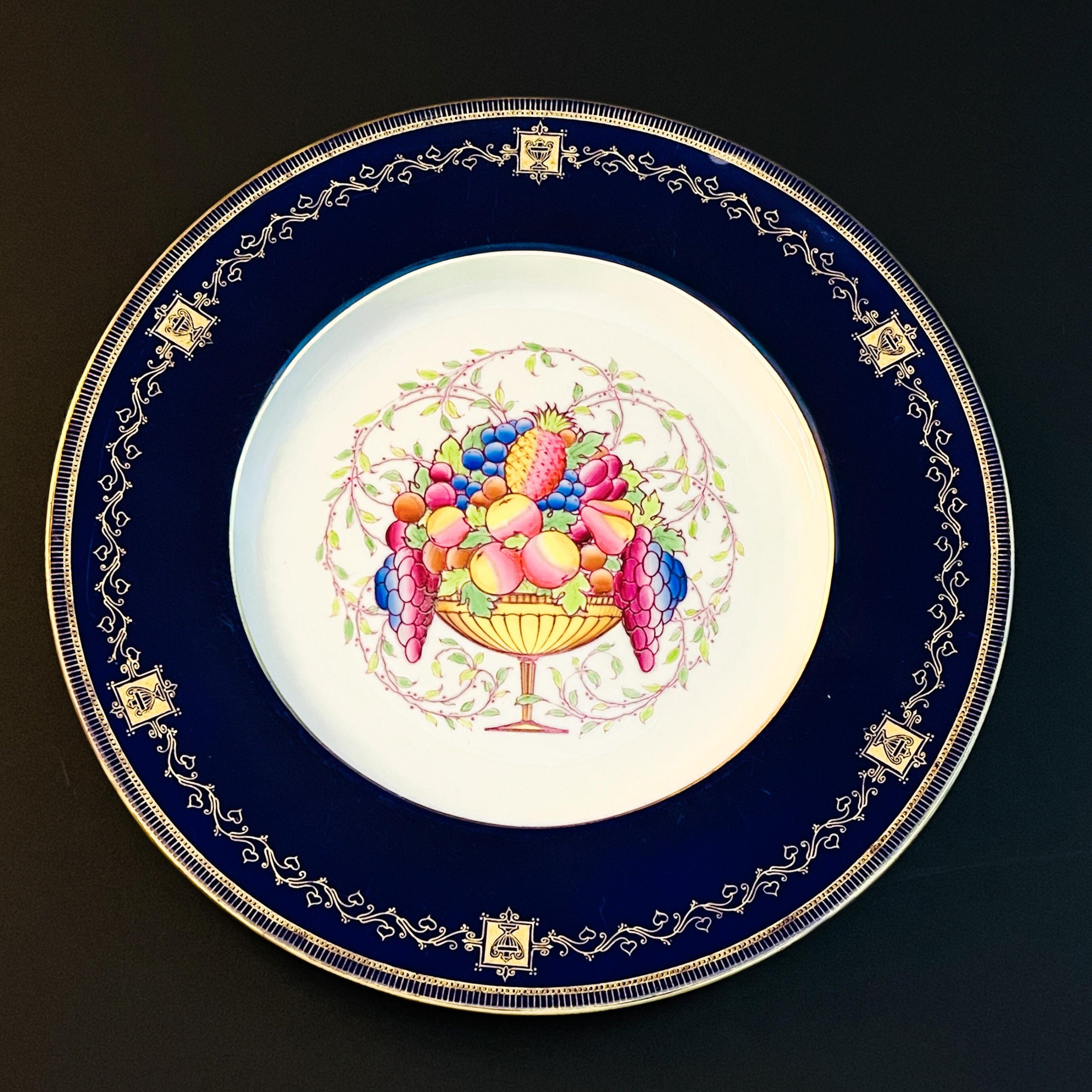Vintage Royal Worcester Cobalt Blue Wall Plate with Gold Trim and Fruit Bowl Center