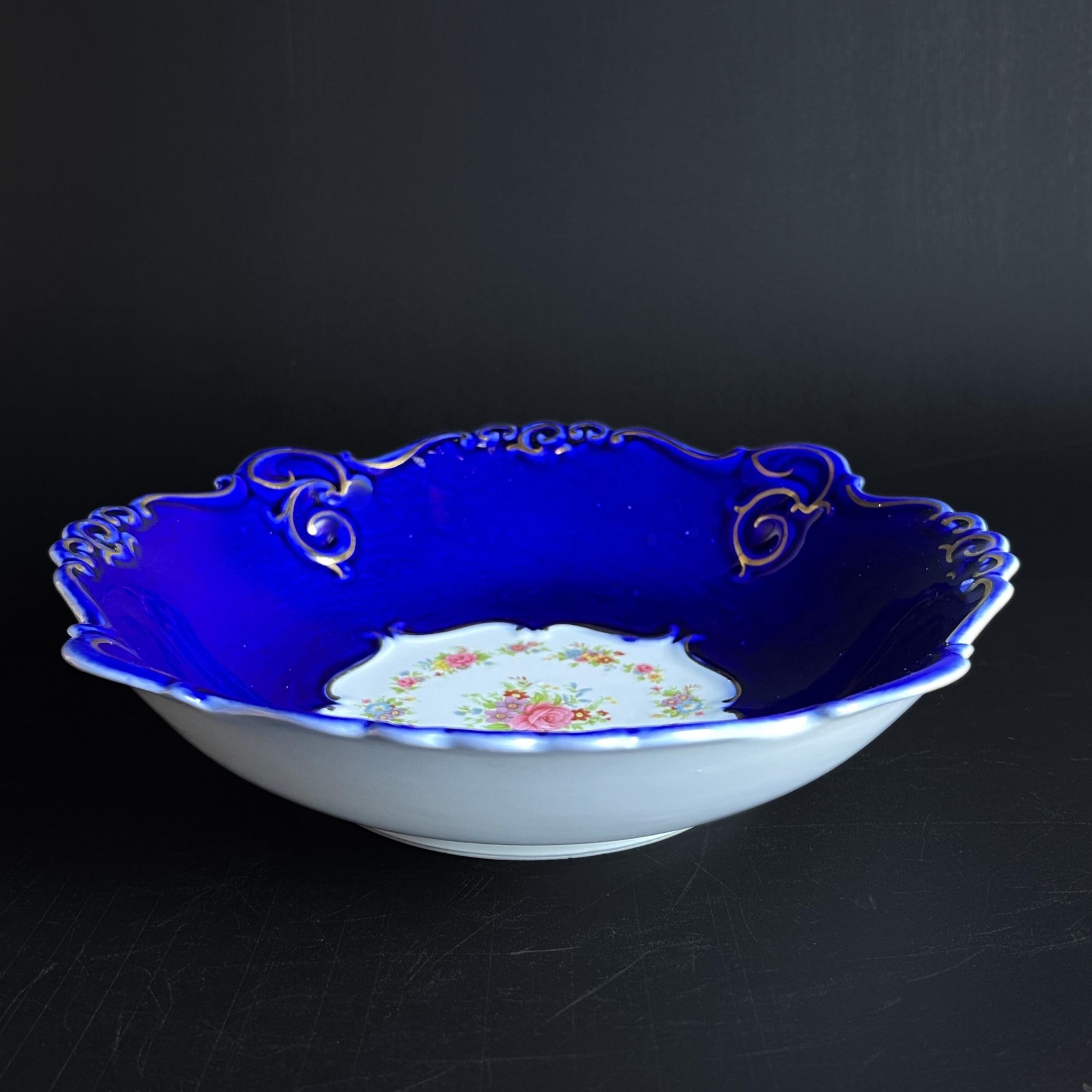 Vintage Cobalt Blue & White Floral Decorative Bowl, Mid Century Porfin Cluj-Napoca Romanian Pottery - Image 5