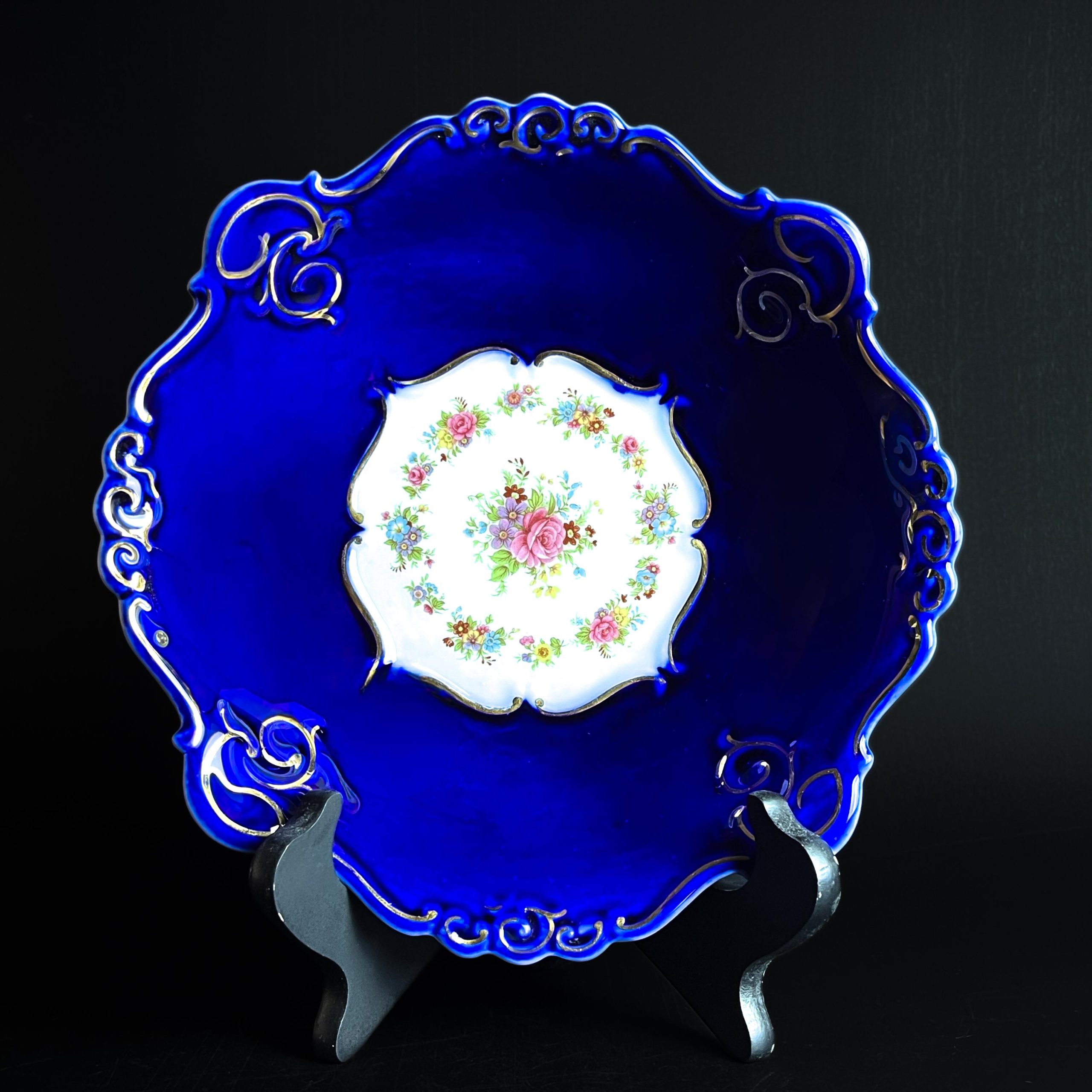 Vintage Cobalt Blue & White Floral Decorative Bowl, Mid Century Porfin Cluj-Napoca Romanian Pottery - Image 3