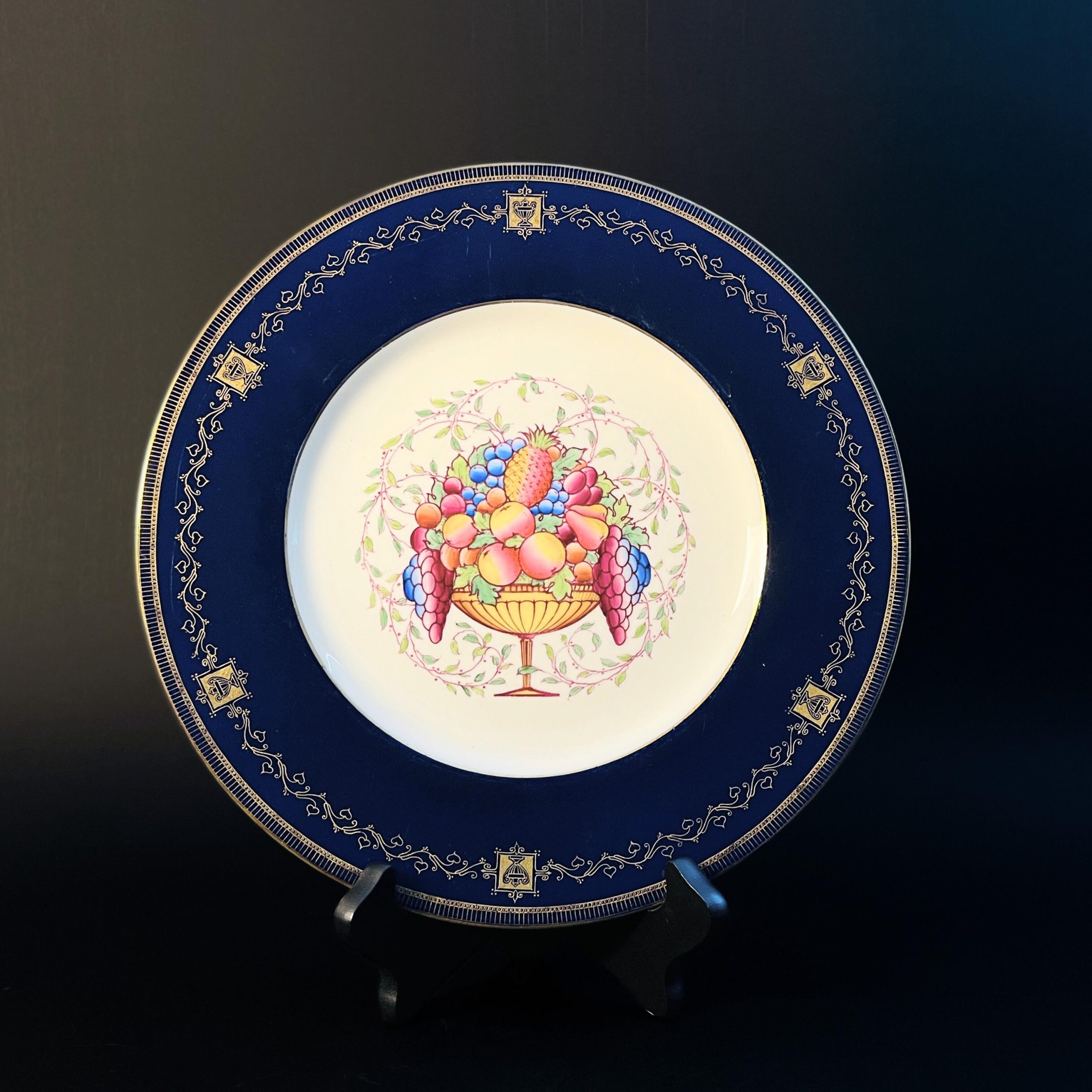 Vintage Royal Worcester Cobalt Blue Wall Plate with Gold Trim and Fruit Bowl Center - Image 3